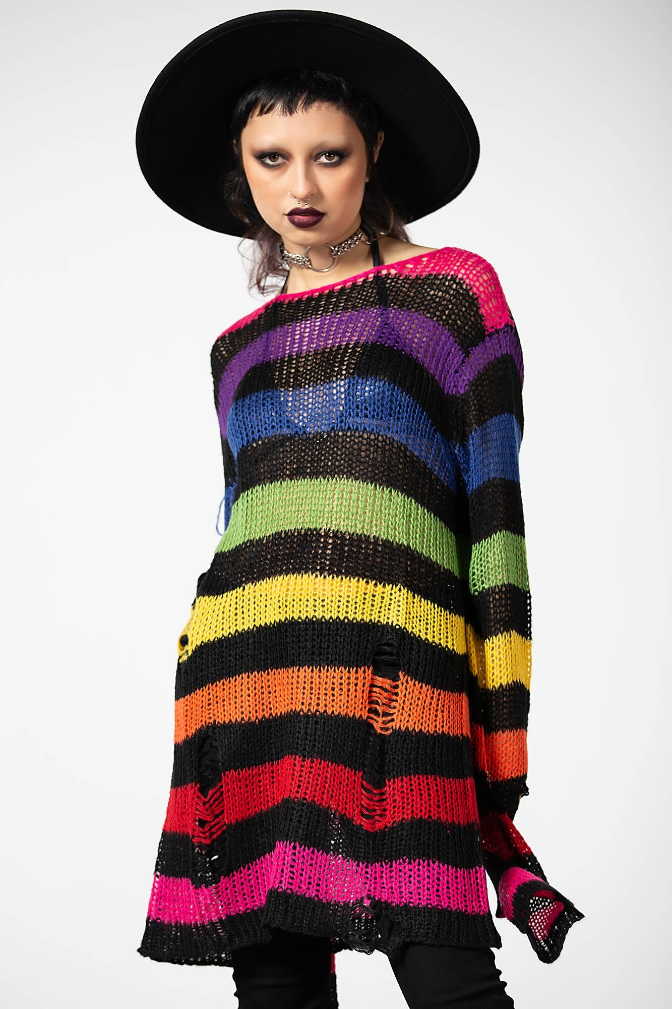 Killstar Rainbow Striped Knit Sweater - Distressed Long Sleeve
