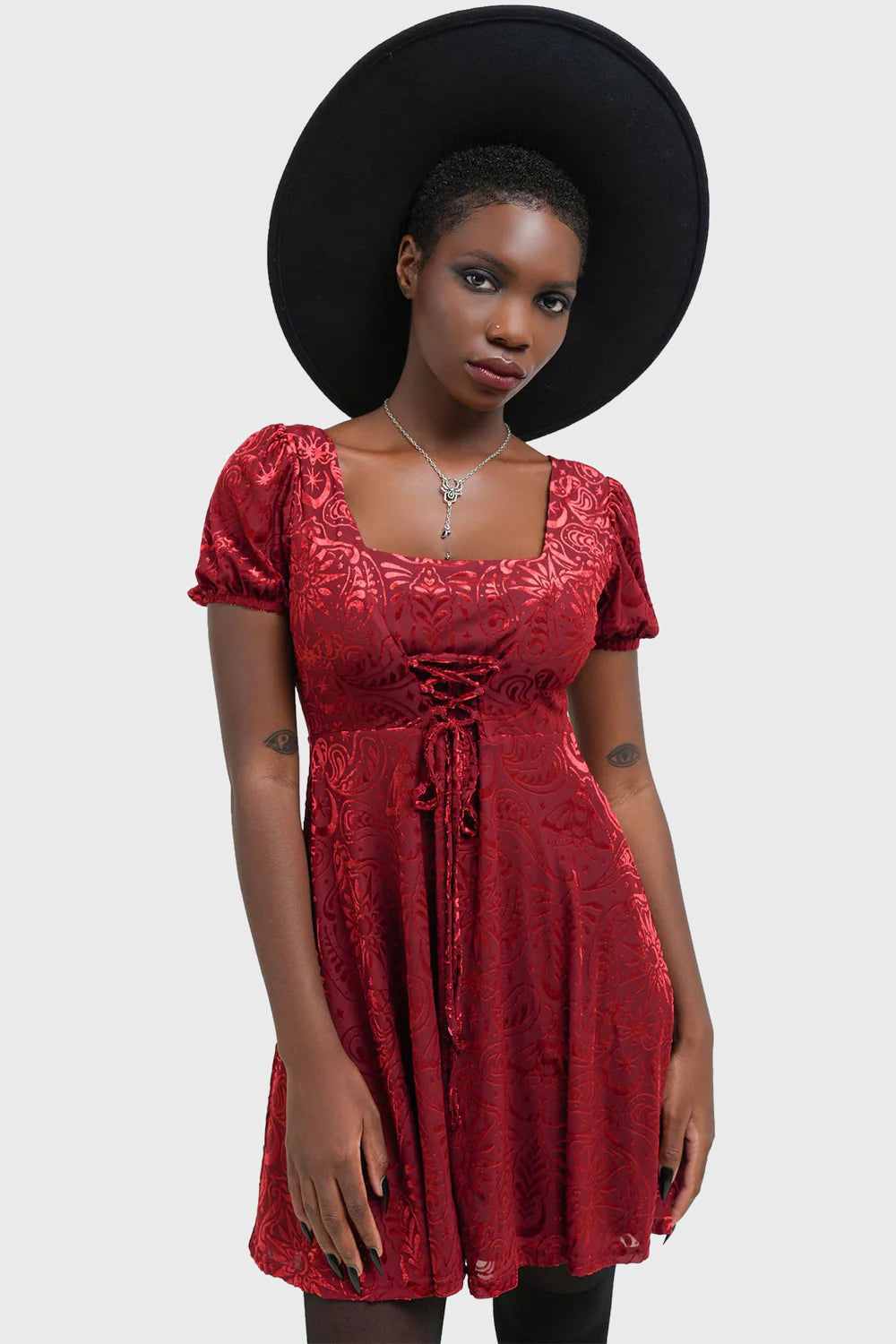 Killstar Lepidoptera Skater Dress - Velvet Lace-Up Sleeves