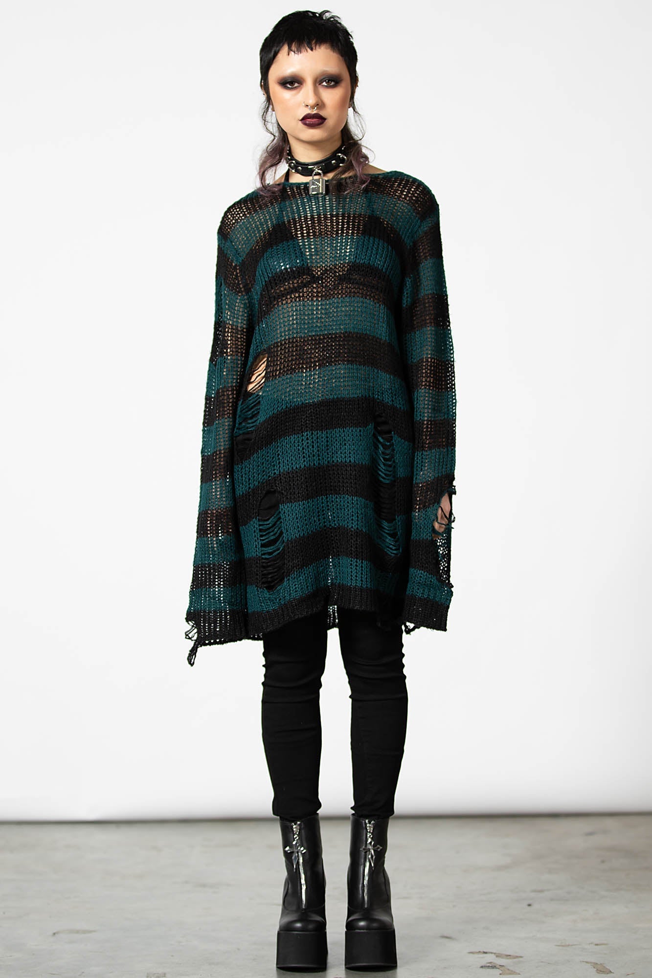 Killstar Sea Punk Knit Sweater - Distressed Striped Long Fit