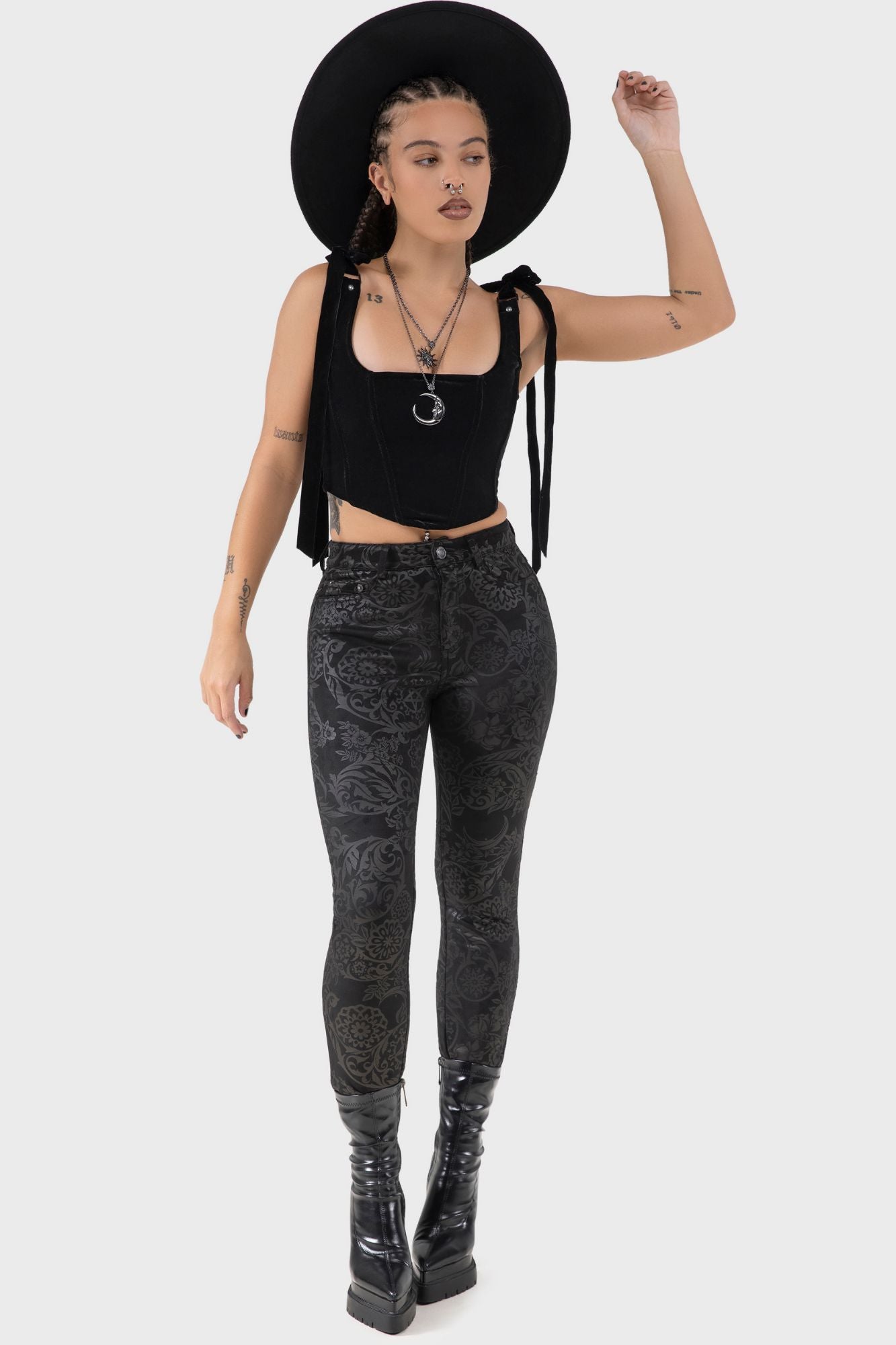 KILLSTAR Nora Trousers - Black Lily Print, Fitted Suede Feel