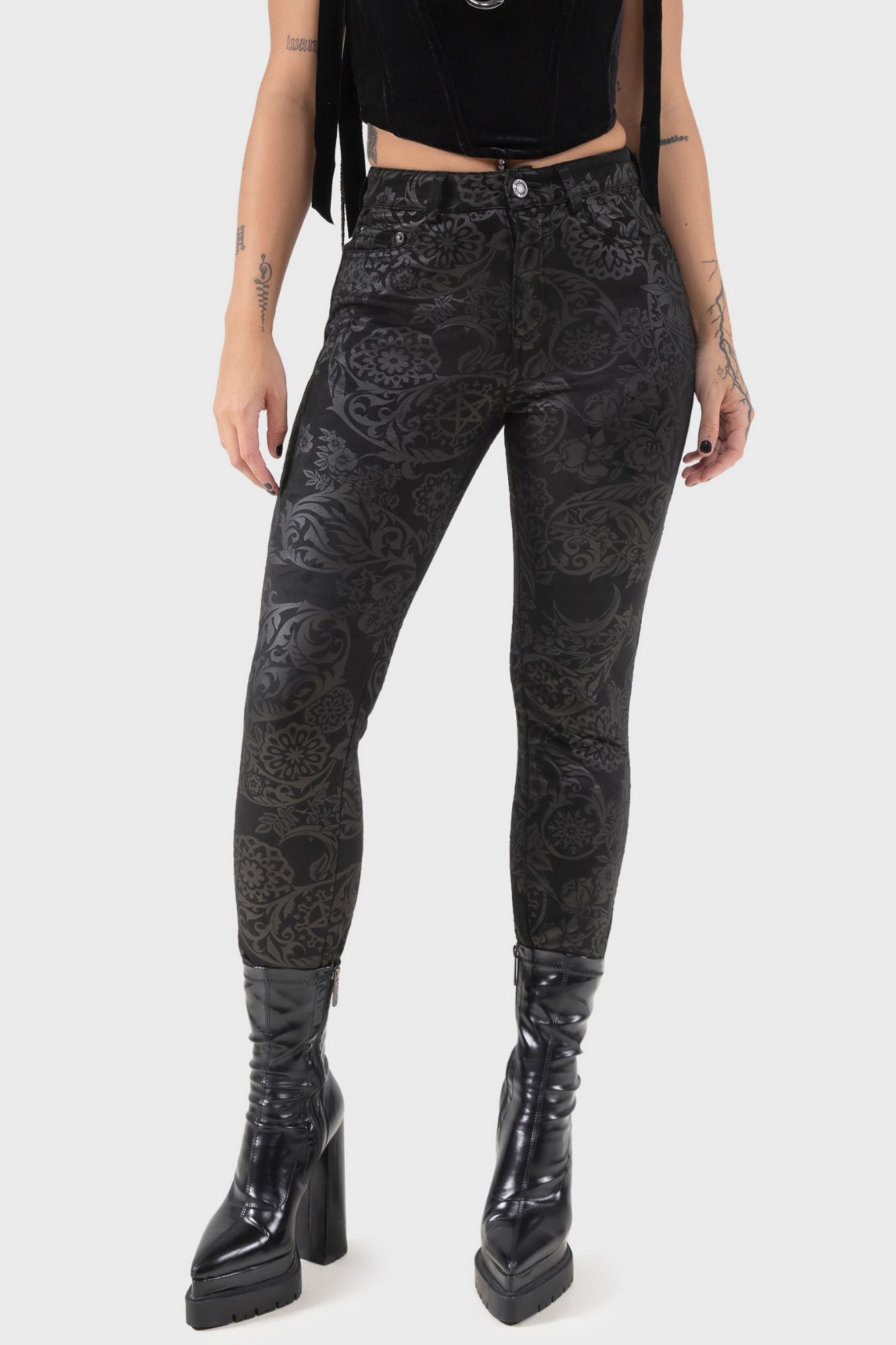 KILLSTAR Nora Trousers - Black Lily Print, Fitted Suede Feel