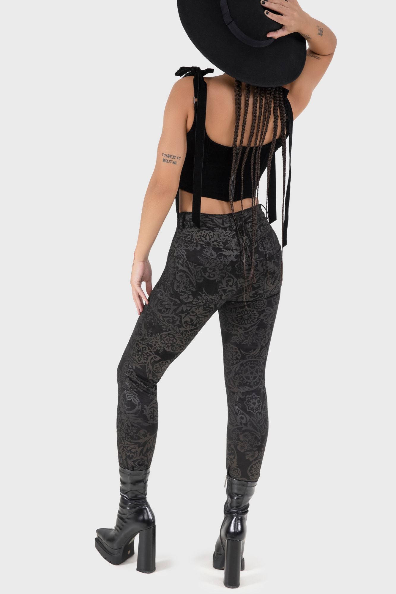 KILLSTAR Nora Trousers - Black Lily Print, Fitted Suede Feel