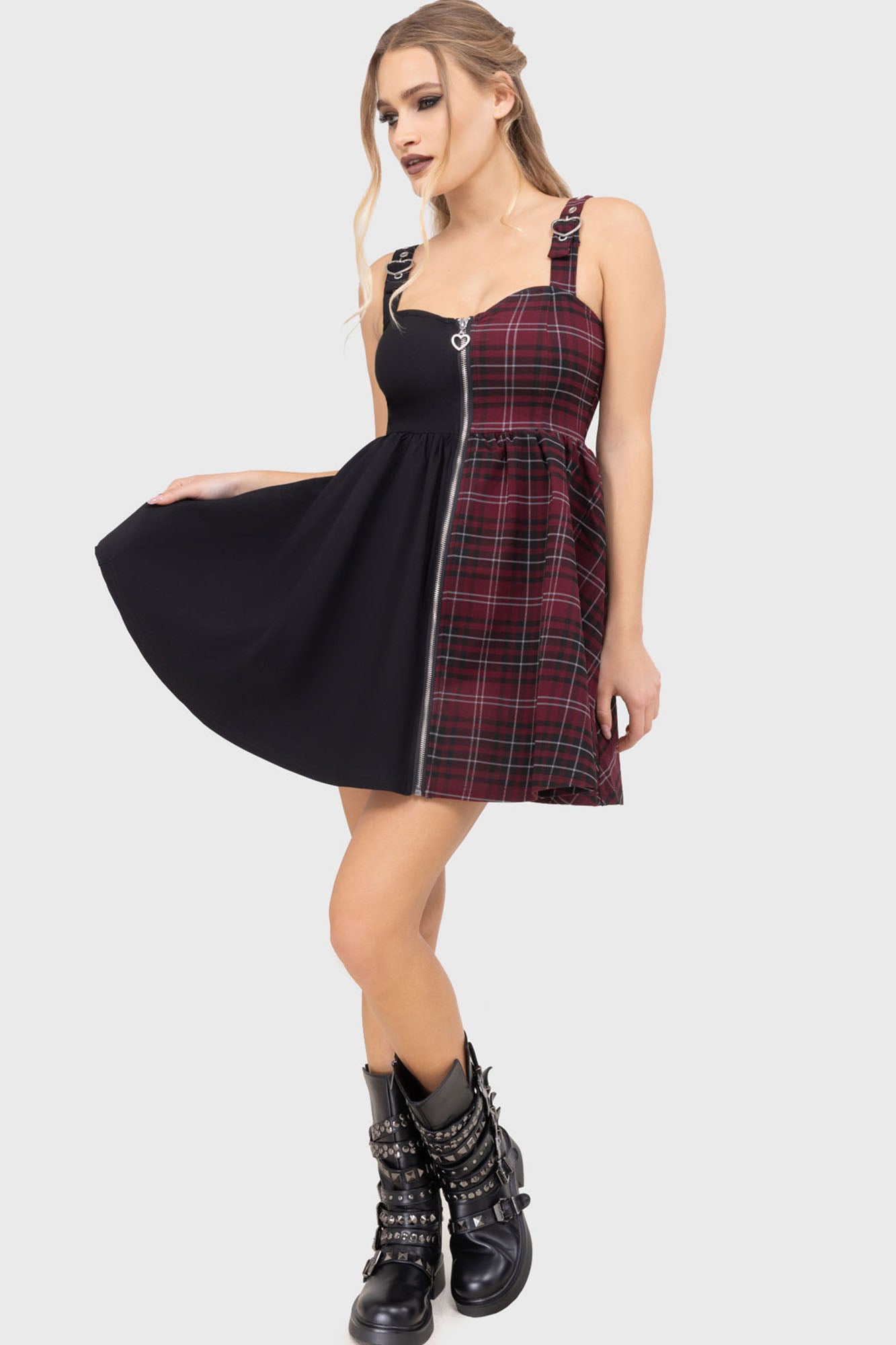 Killstar Burgundy Tartan Zip Skater Dress with Heart Buckles