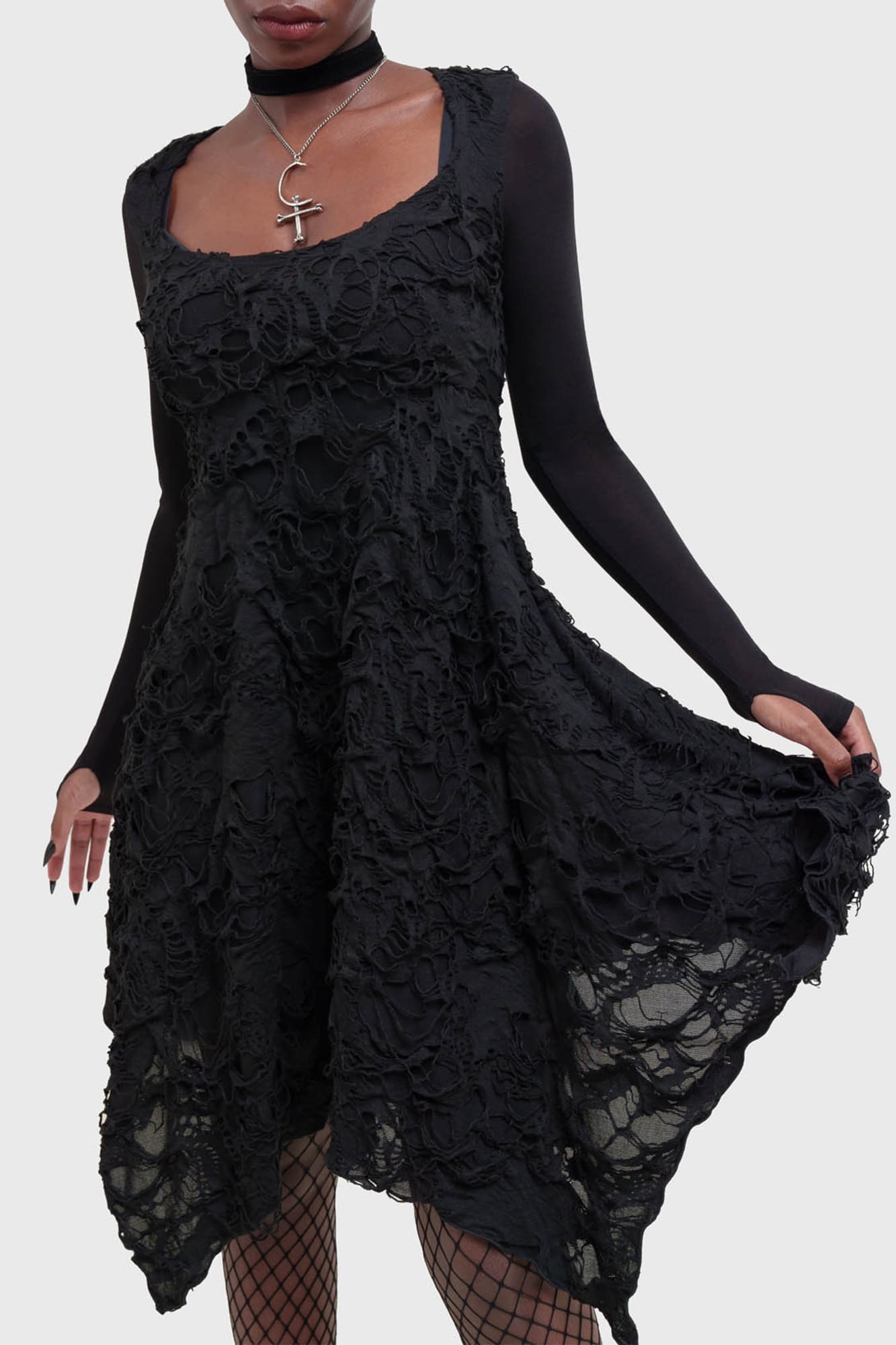 Killstar Shadows Hymn Distressed Mini Dress with Thumb Holes