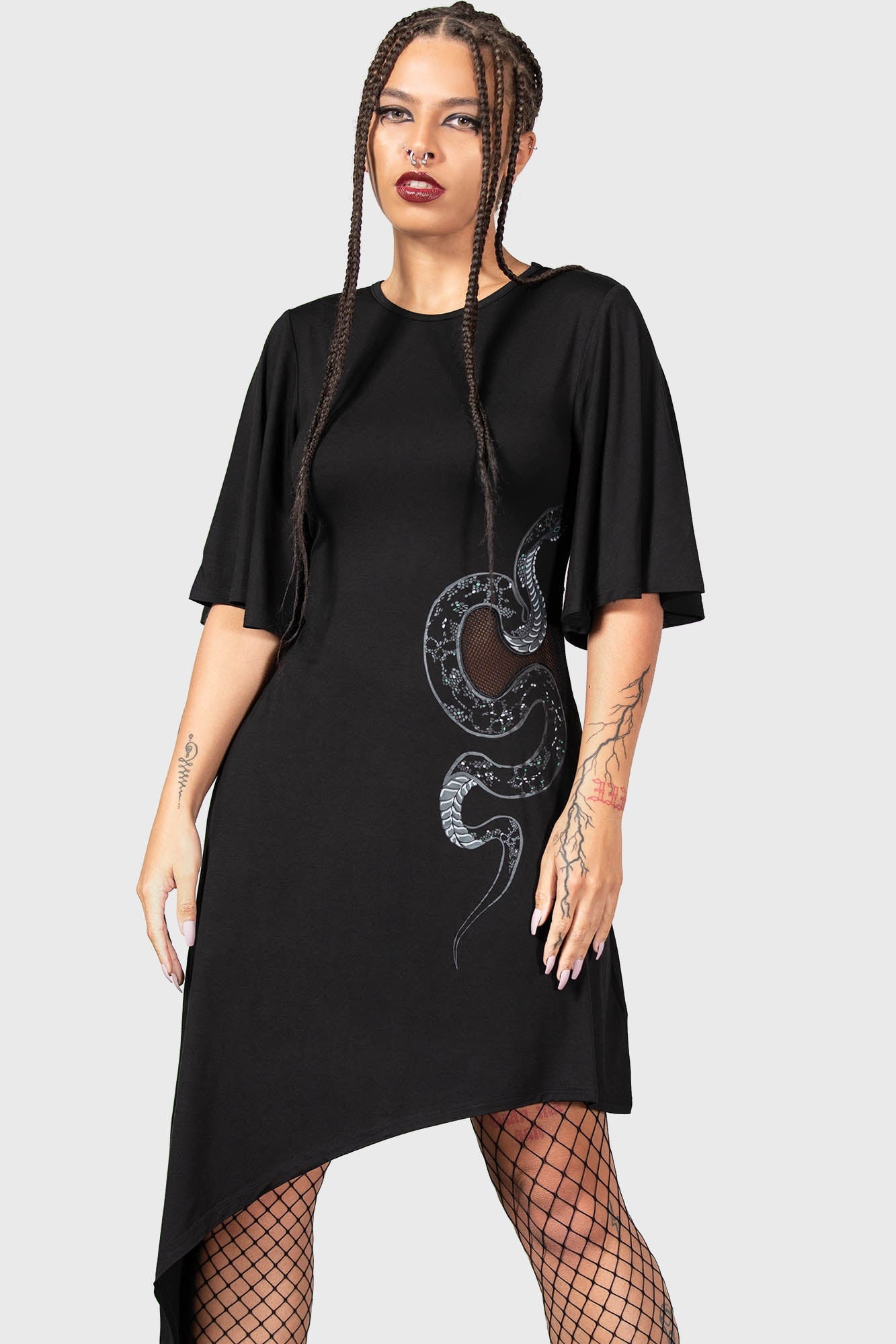 Killstar Maple Asymmetric Dress with Snake Graphic & Fishnet Insert