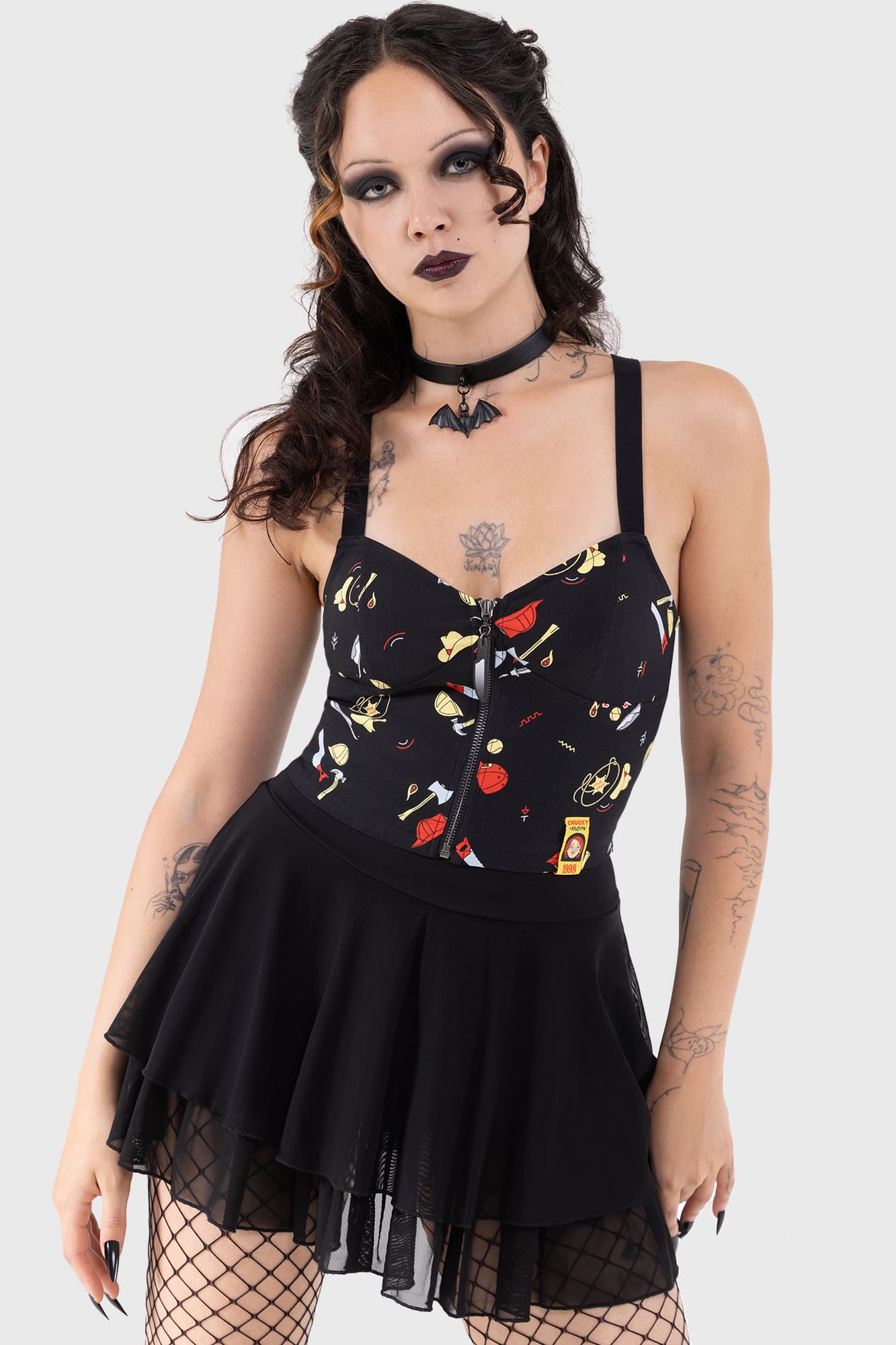 Killstar Chucky Cropped Top with Pentagram Straps & Knife Zipper
