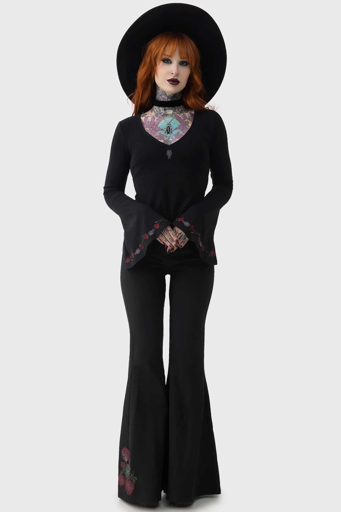 Killstar Wordly V-Neck Top with Embroidery & Flared Sleeves