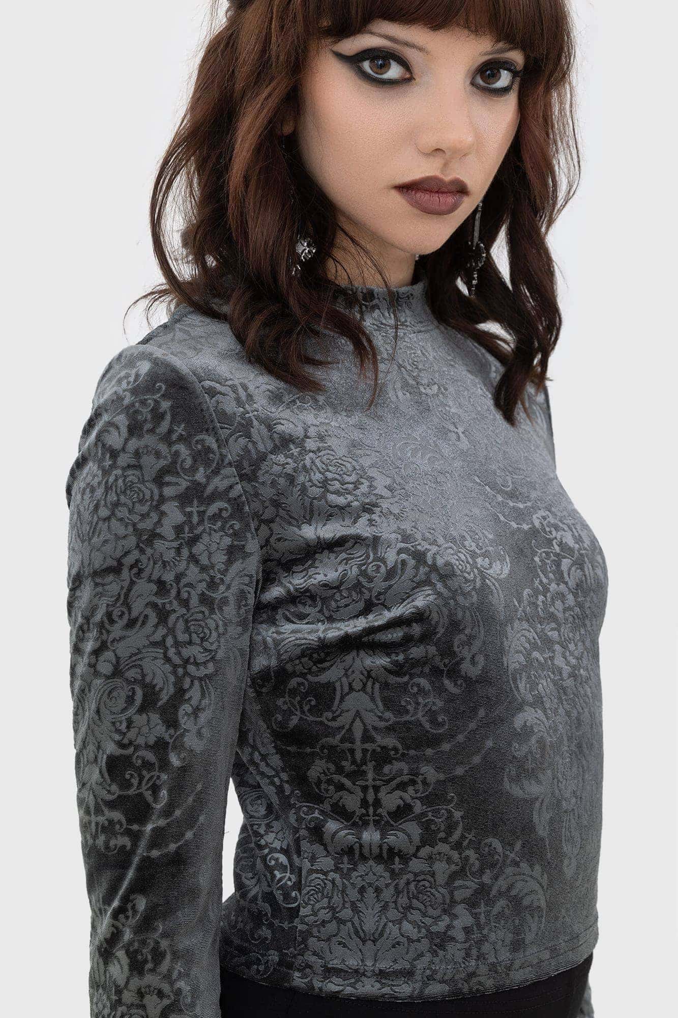 Killstar Vigil Metallic Velvet Crop Top - Gothic Long Sleeve