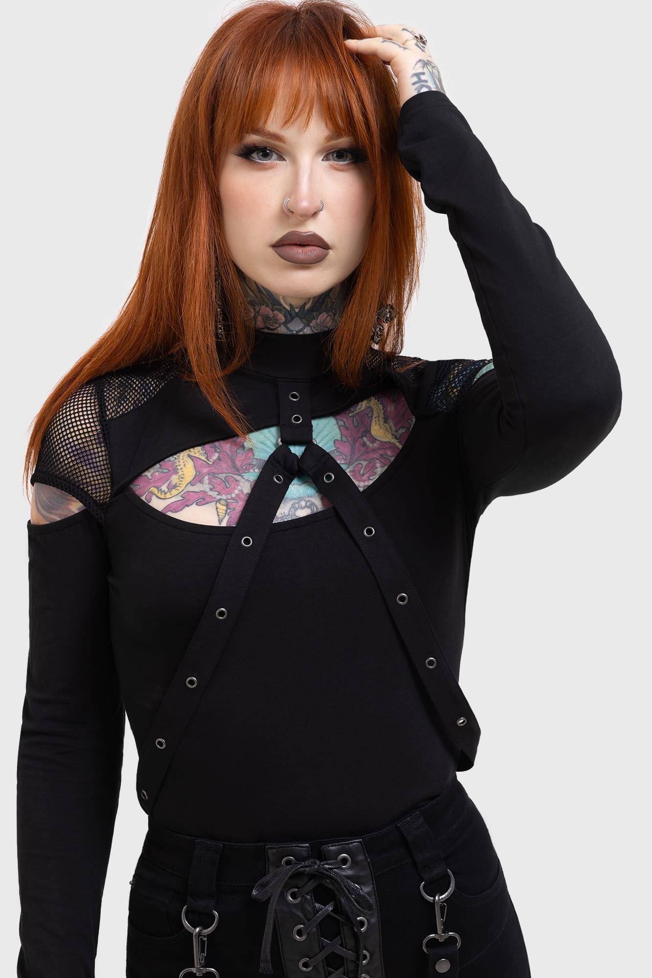 Killstar Miss Masher Fishnet Panel Gothic Top with Cut Outs
