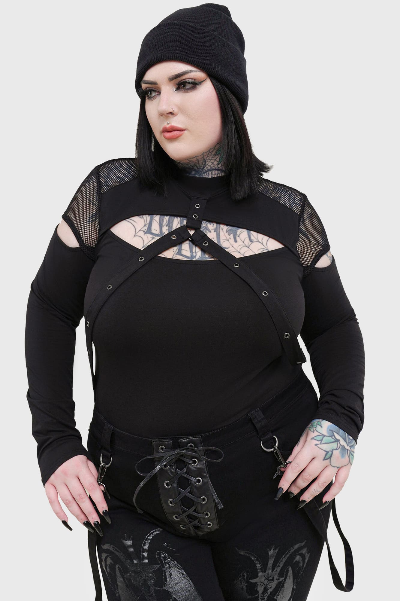Killstar Miss Masher Fishnet Panel Gothic Top with Cut Outs