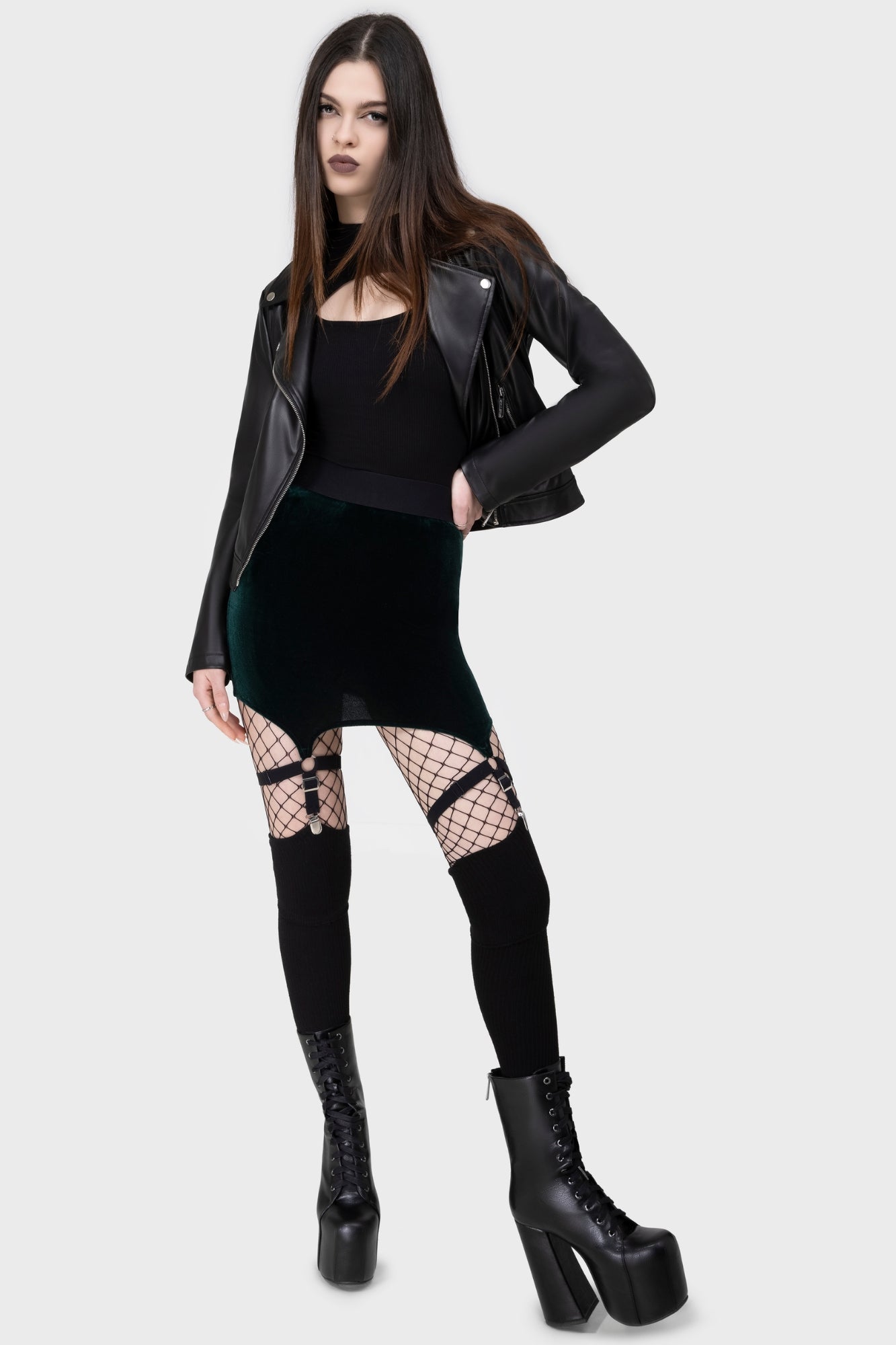 Killstar Cassandra Velvet Mini Skirt with Suspenders - Emerald