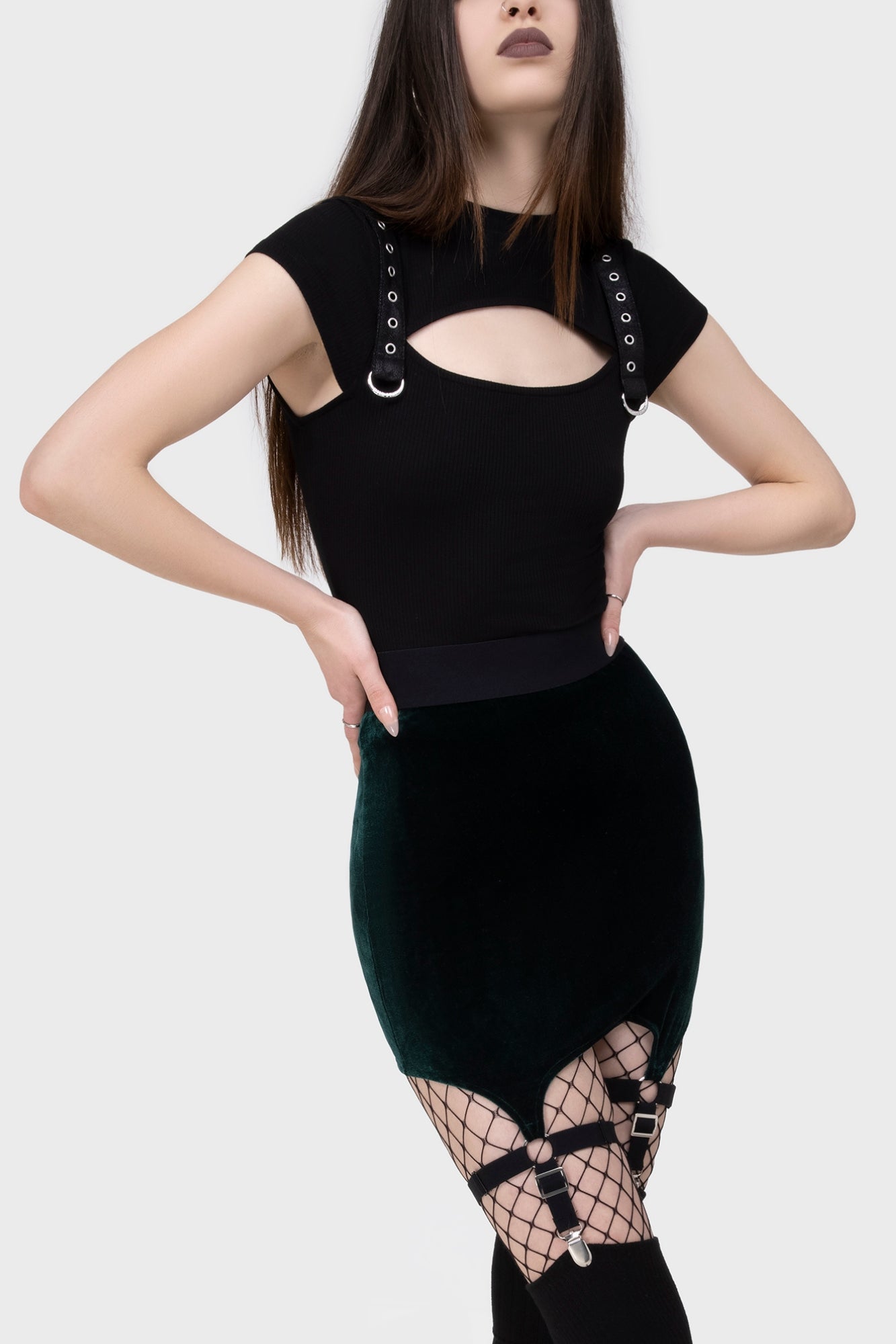Killstar Cassandra Velvet Mini Skirt with Suspenders - Emerald