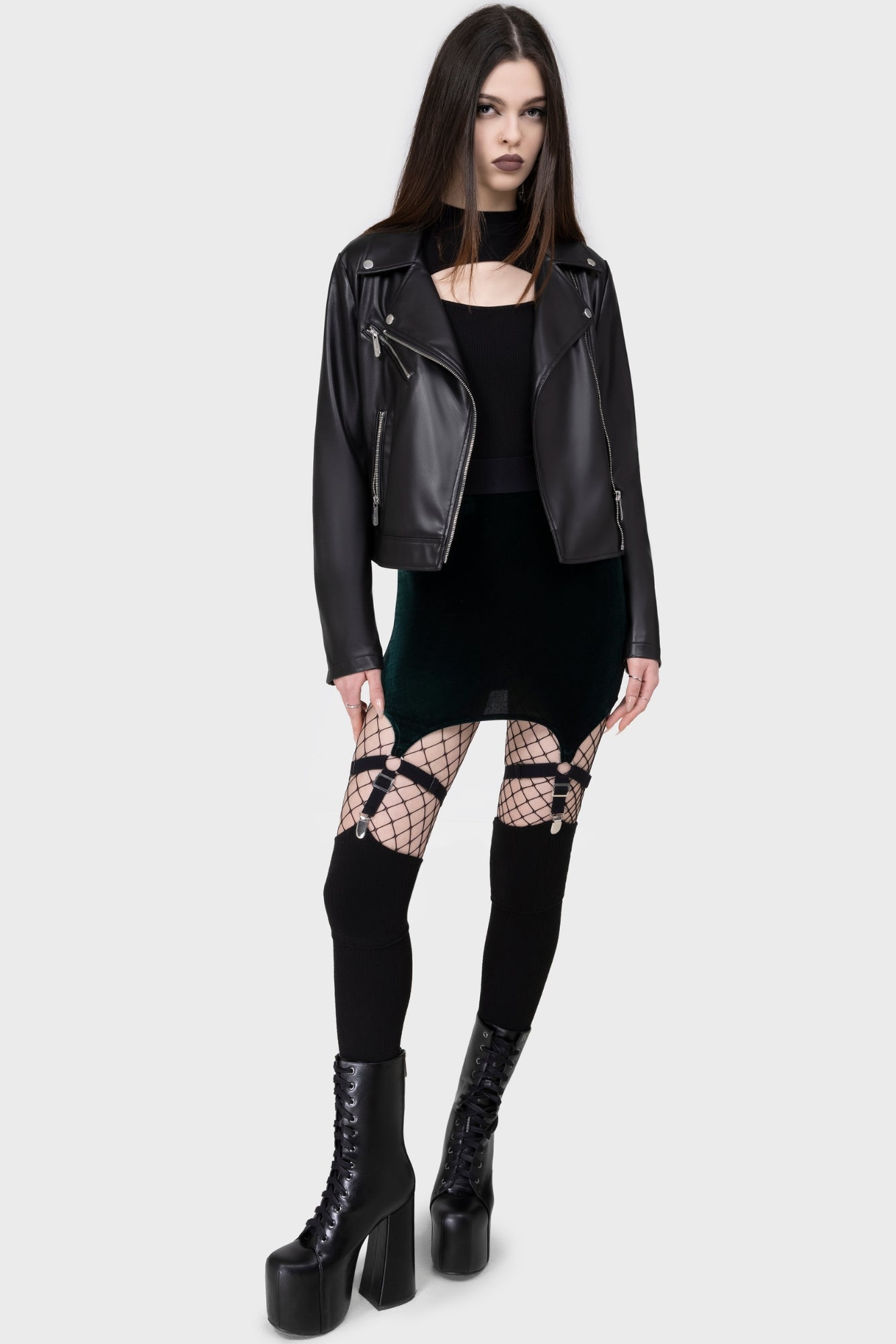 Killstar Cassandra Velvet Mini Skirt with Suspenders - Emerald