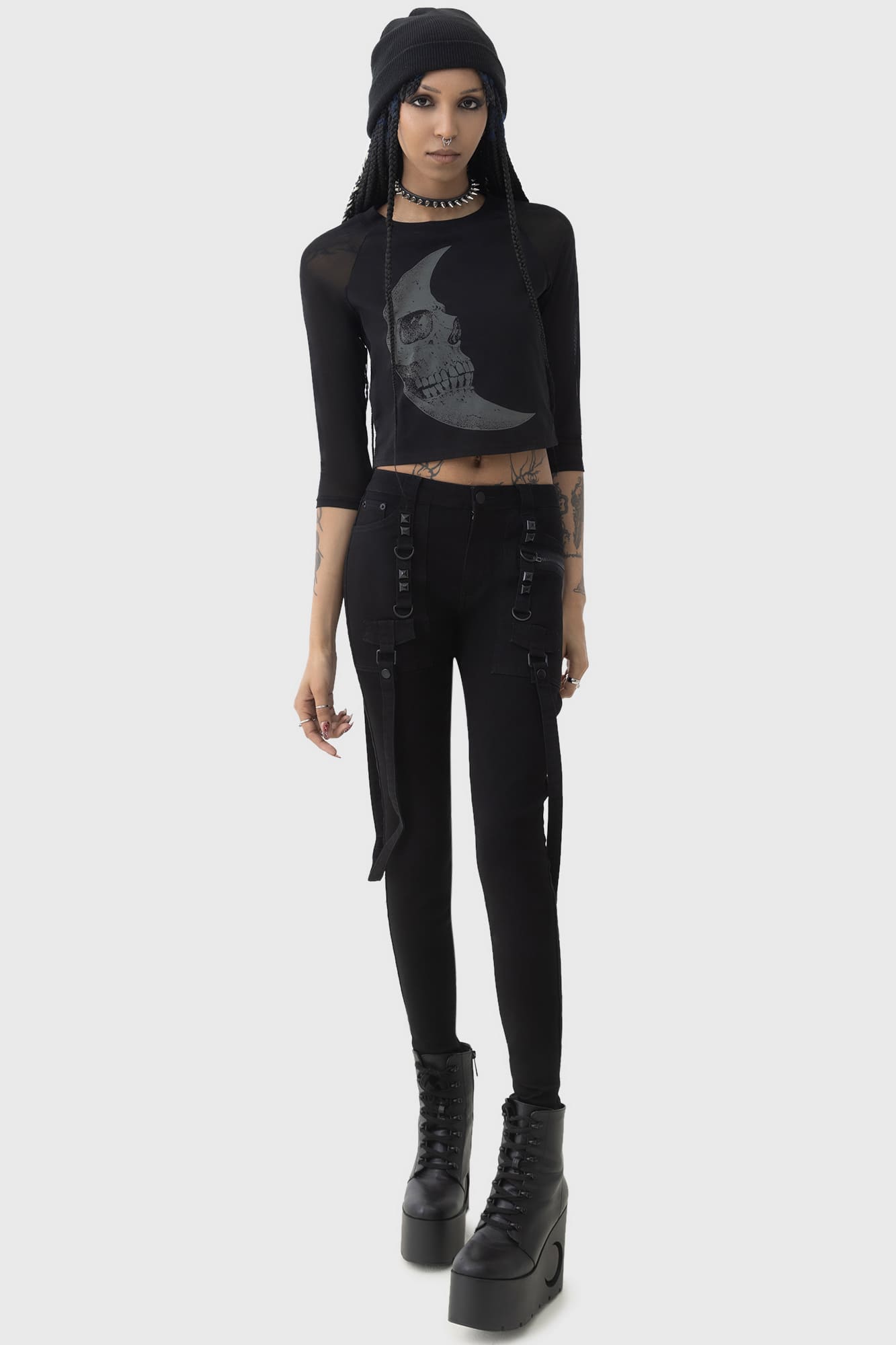Kihlist Crescent Doom Graphic Cropped Top - Moon Print, Mesh Sleeves