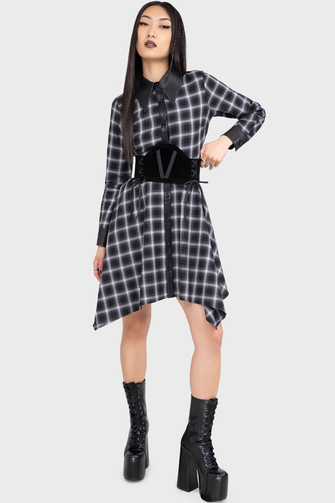 KIHILIST Artem Cotton Shirt Dress with PU Collar - A-Line Mini Dress