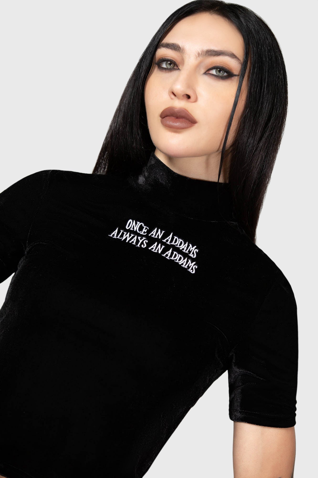 Wednesday Addams Velvet Top - Allergic to Colour Slogan