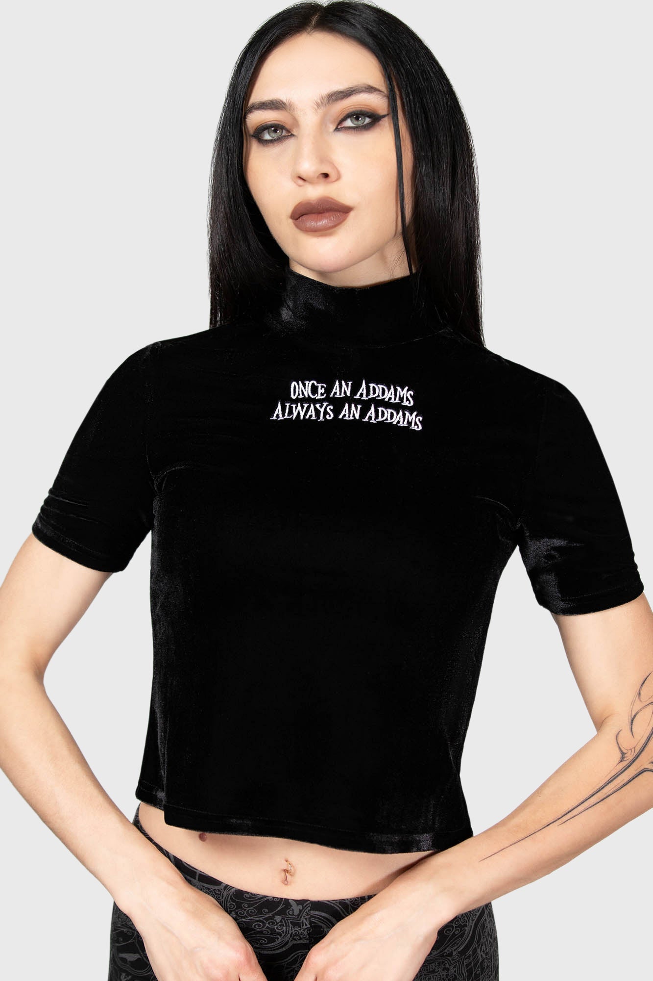 Wednesday Addams Velvet Top - Allergic to Colour Slogan