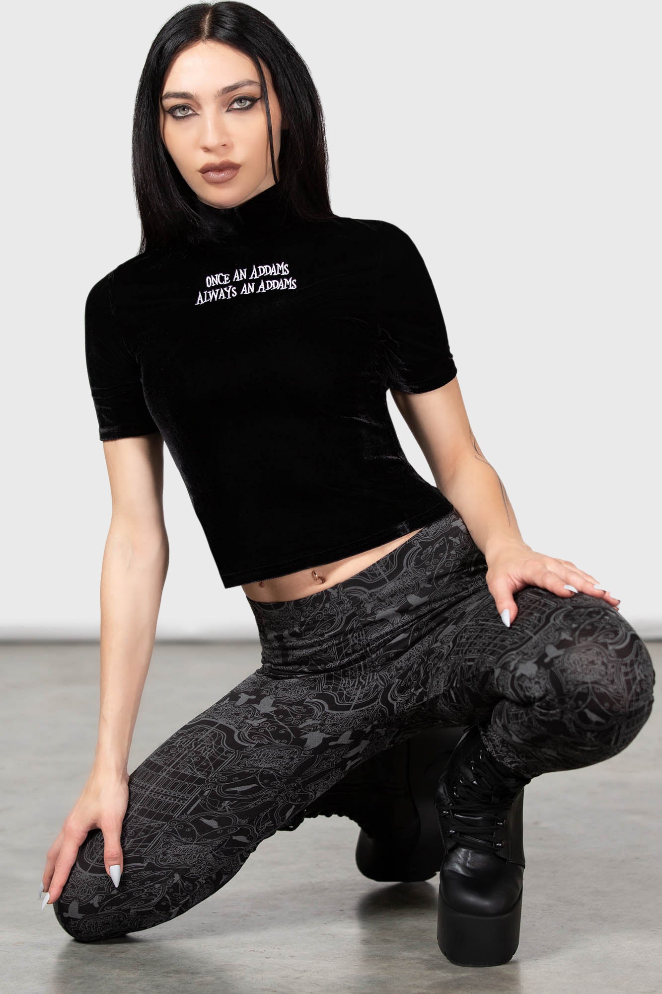 Wednesday Addams Velvet Top - Allergic to Colour Slogan