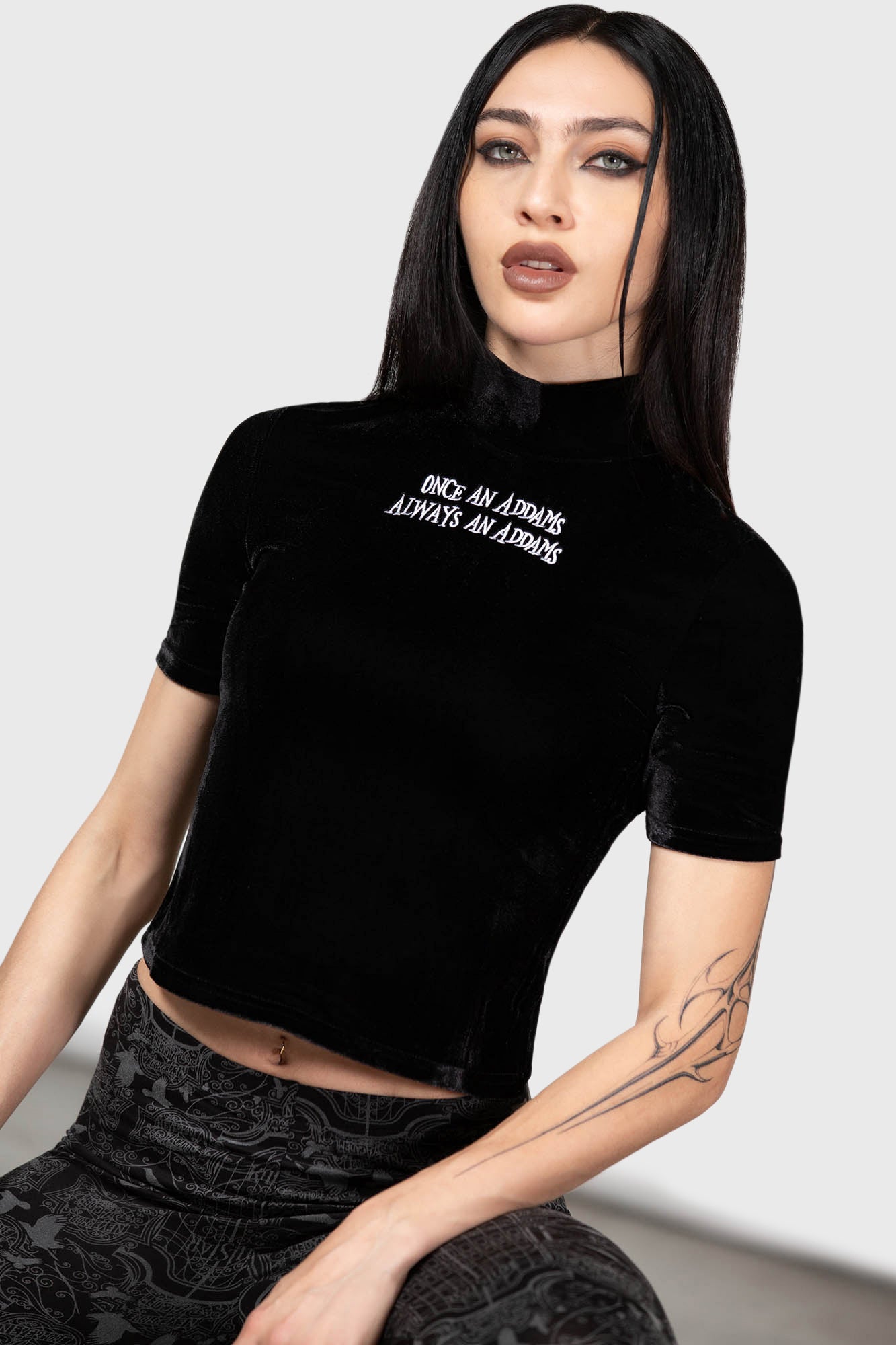 Wednesday Addams Velvet Top - Allergic to Colour Slogan