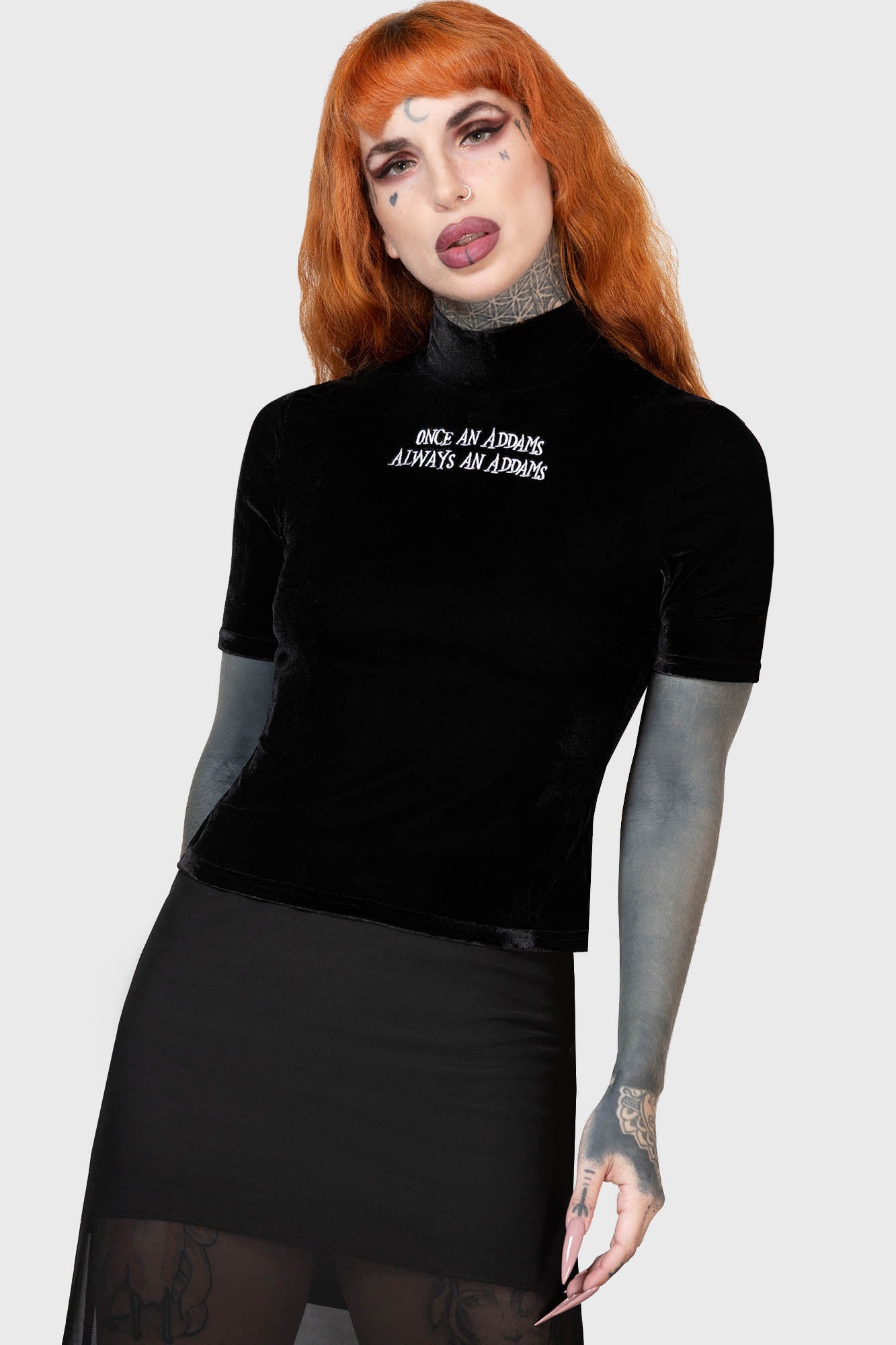 Wednesday Addams Velvet Top - Allergic to Colour Slogan