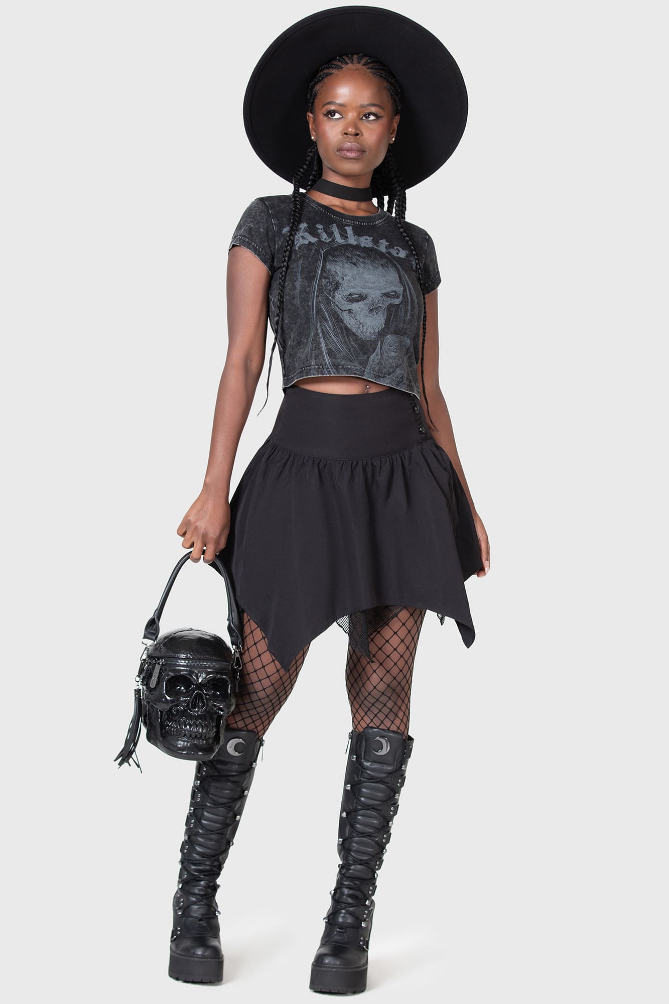 Killstar Death Fairy Skull Print Mini Skirt with Fishnet Lining