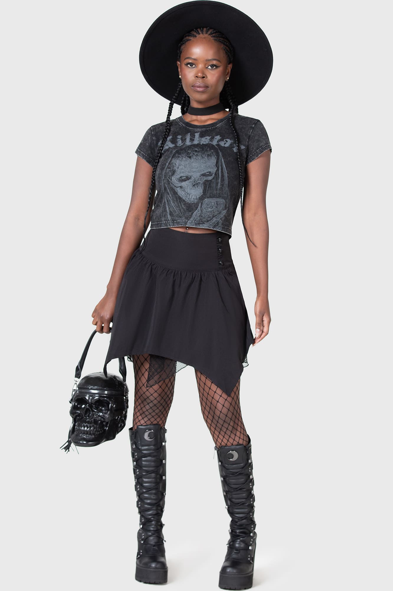 Killstar Death Fairy Skull Print Mini Skirt with Fishnet Lining