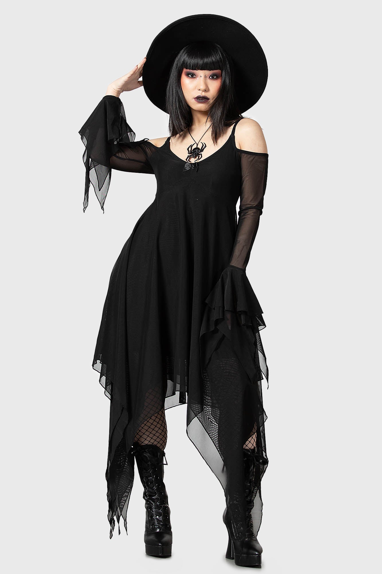 Killstar Omen Crush Cold Shoulder Mesh Dress with Bell Sleeves