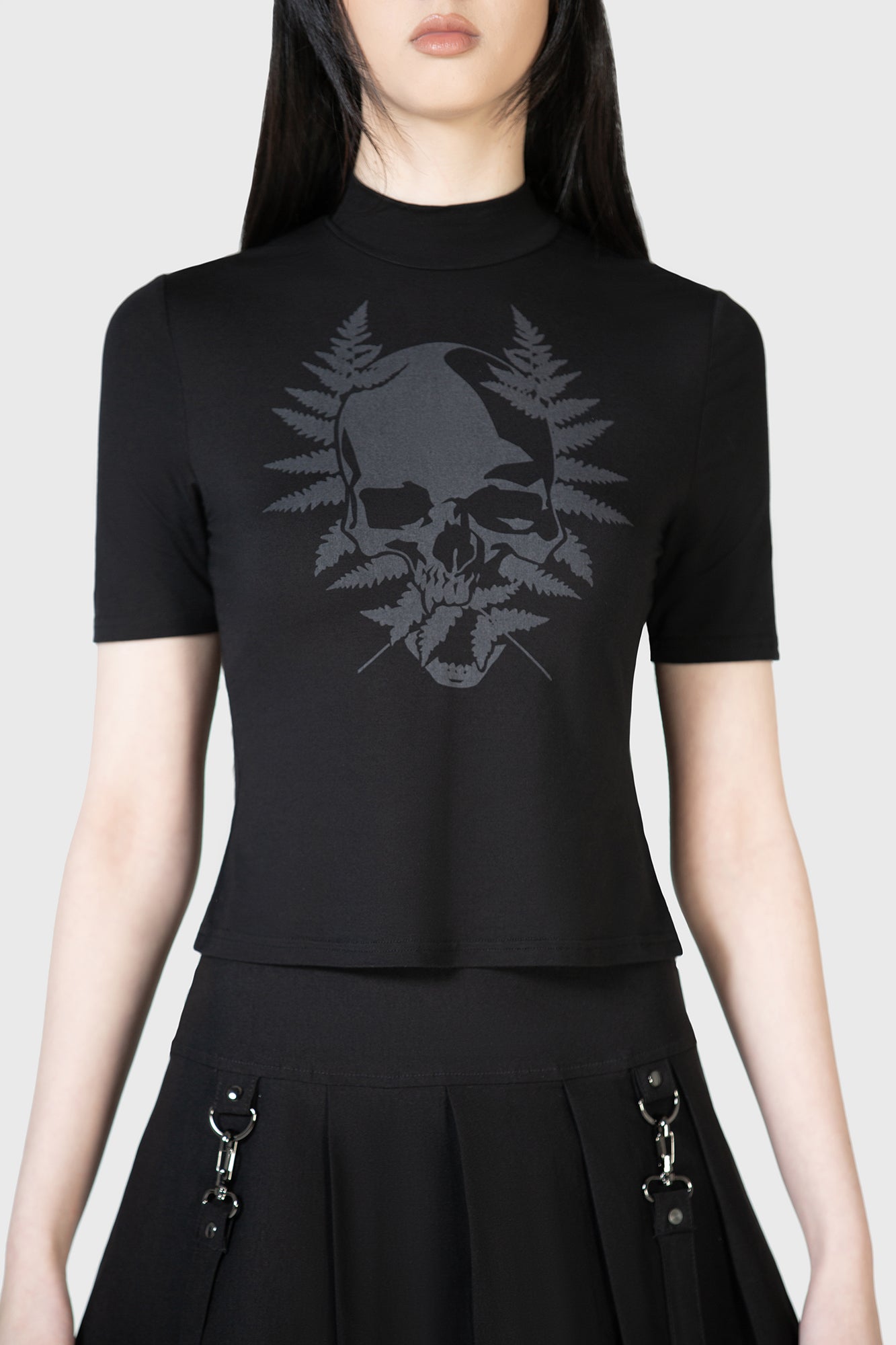 KIHILIST Skull Print Stretch Viscose Top - Fitted Short Sleeve Tee