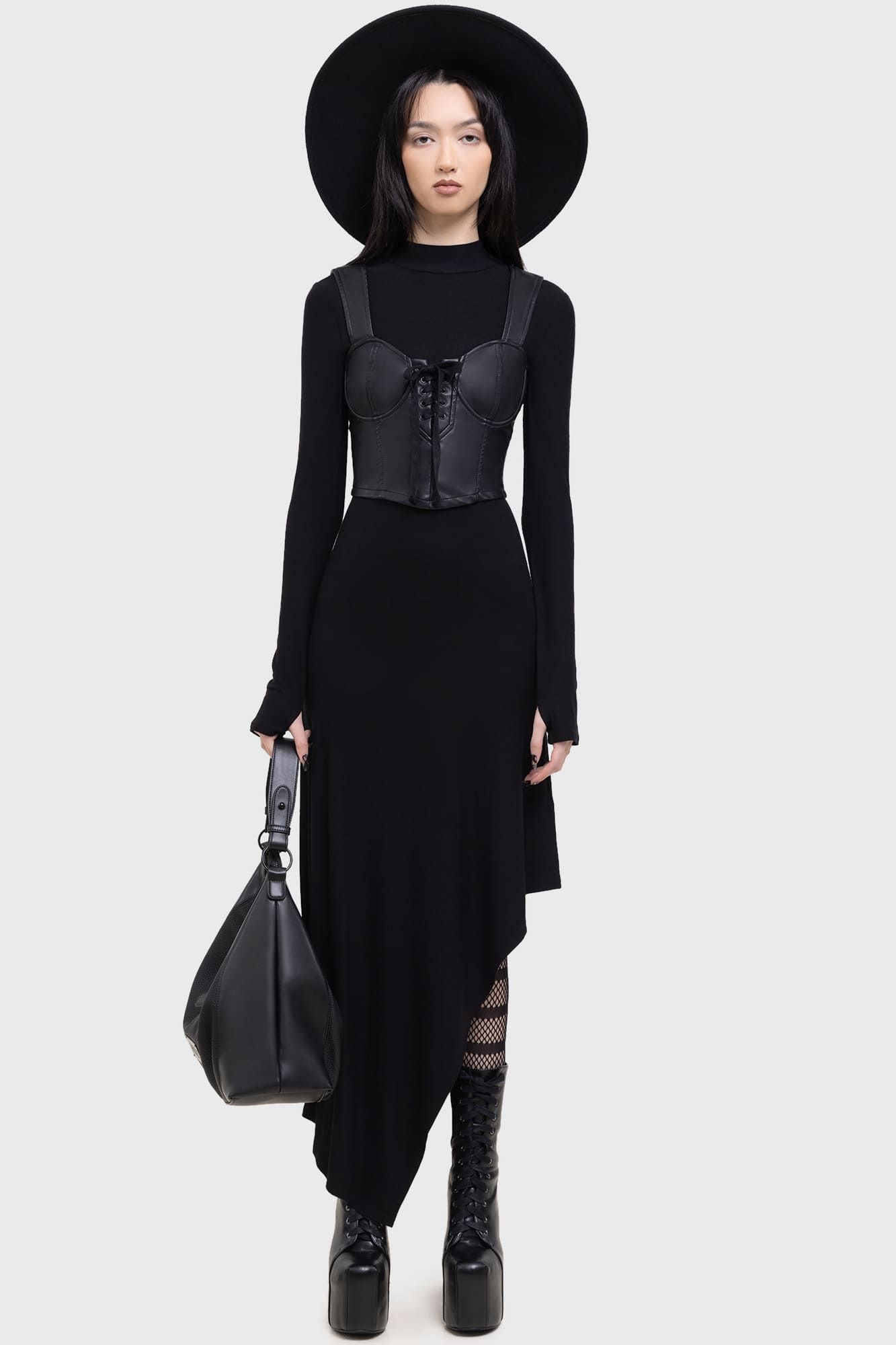 KIHILIST Dark Presence Long Sleeve Fitted Dress with Thumb Holes