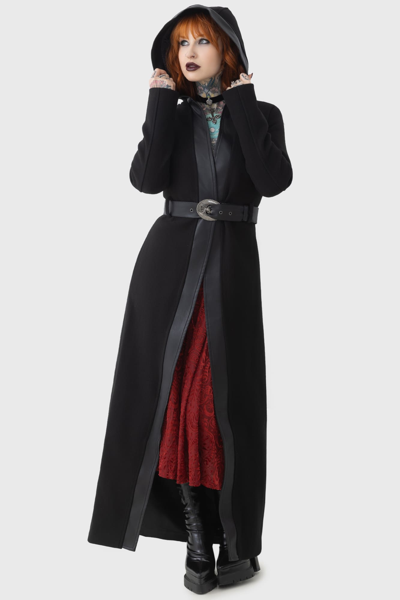 Killstar Mercurian Orbit Faux Wool Long Coat with PU Trim