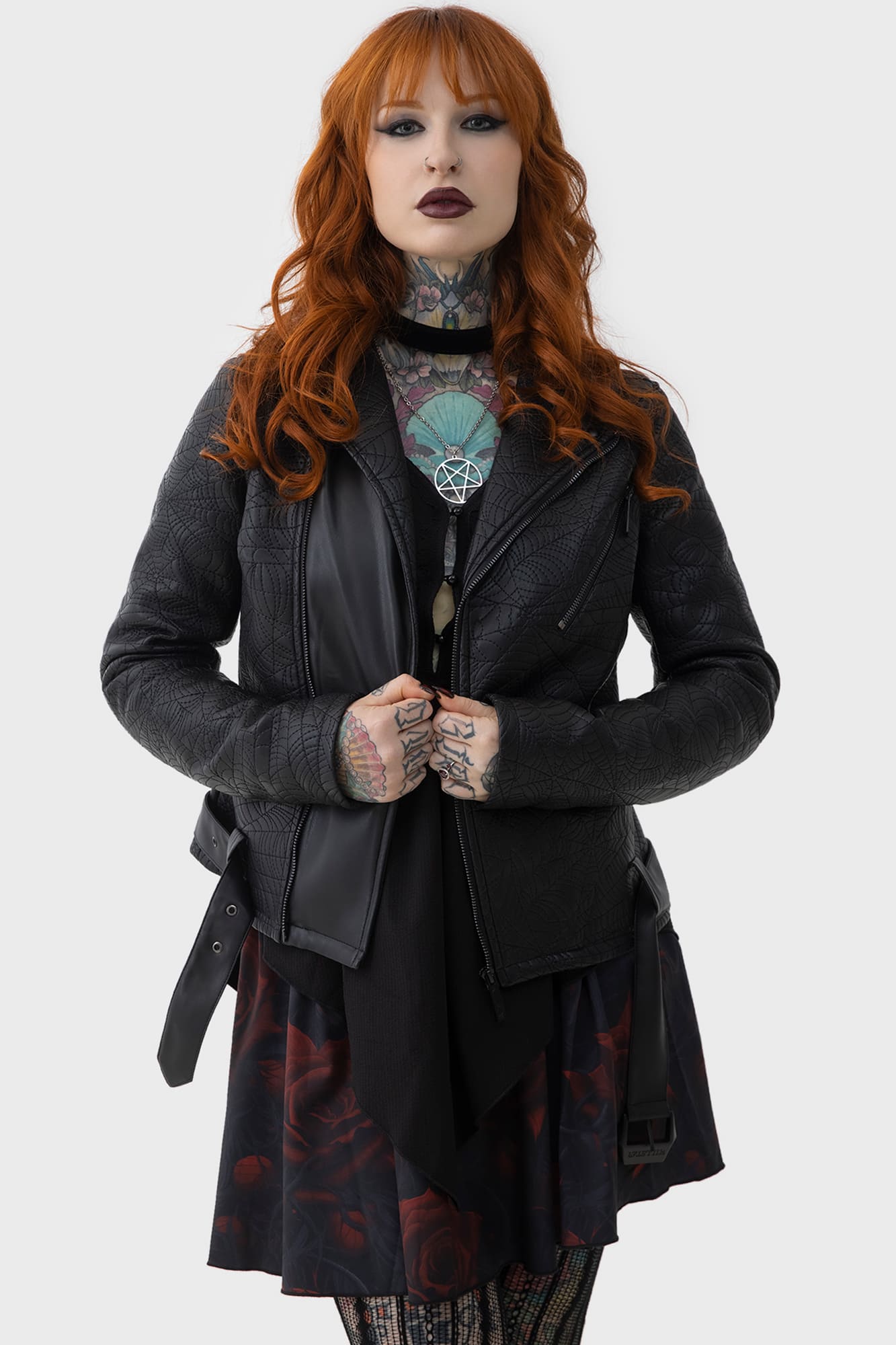 Killstar Spider Web Biker Jacket - PU Leather, Adjustable Belt