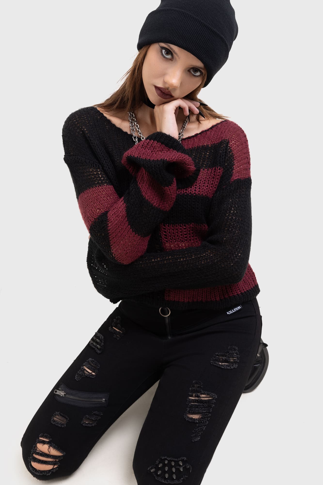 Killstar Anshee Striped Cropped Sweater with Flared Sleeves