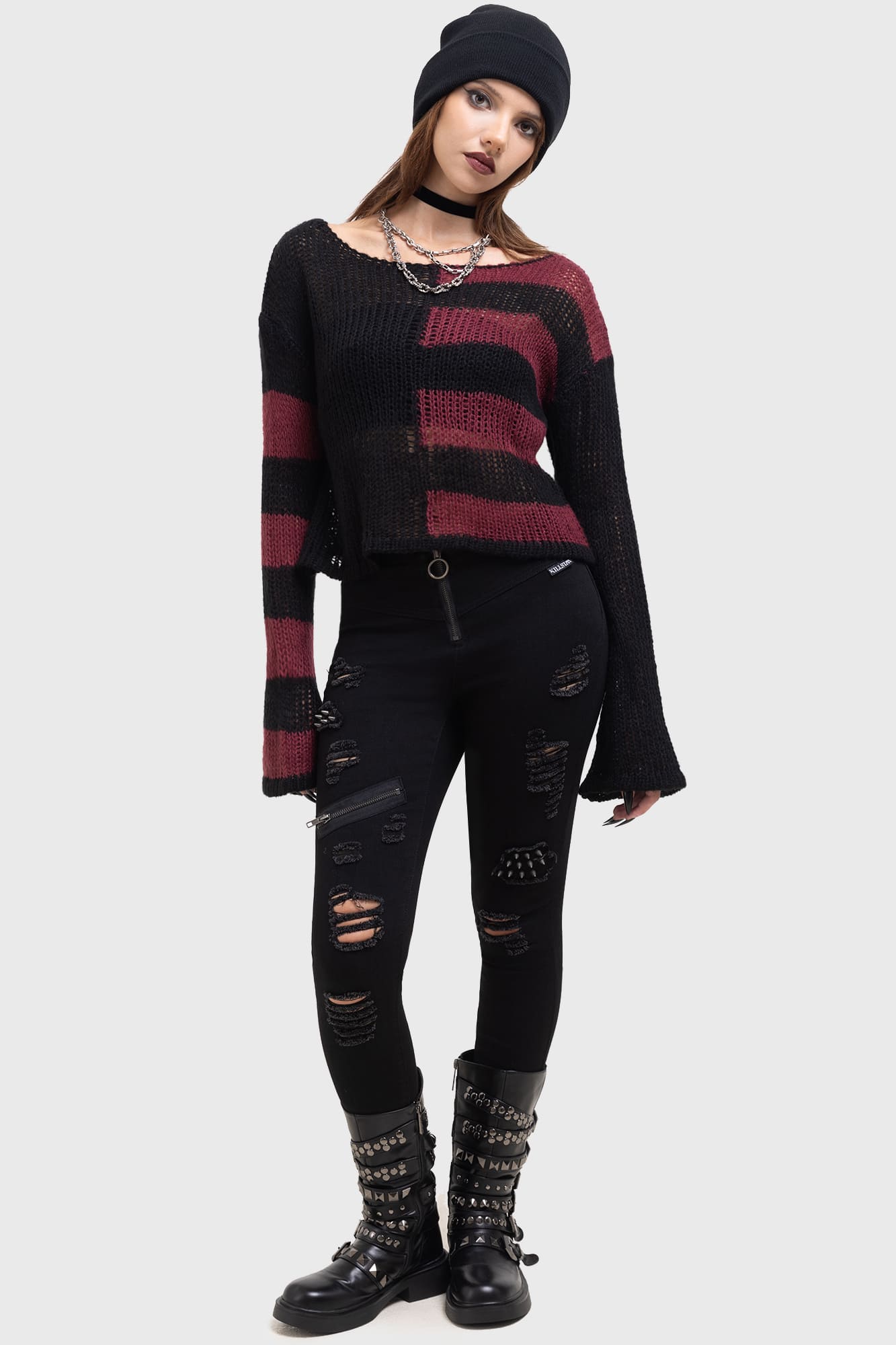 Killstar Anshee Striped Cropped Sweater with Flared Sleeves