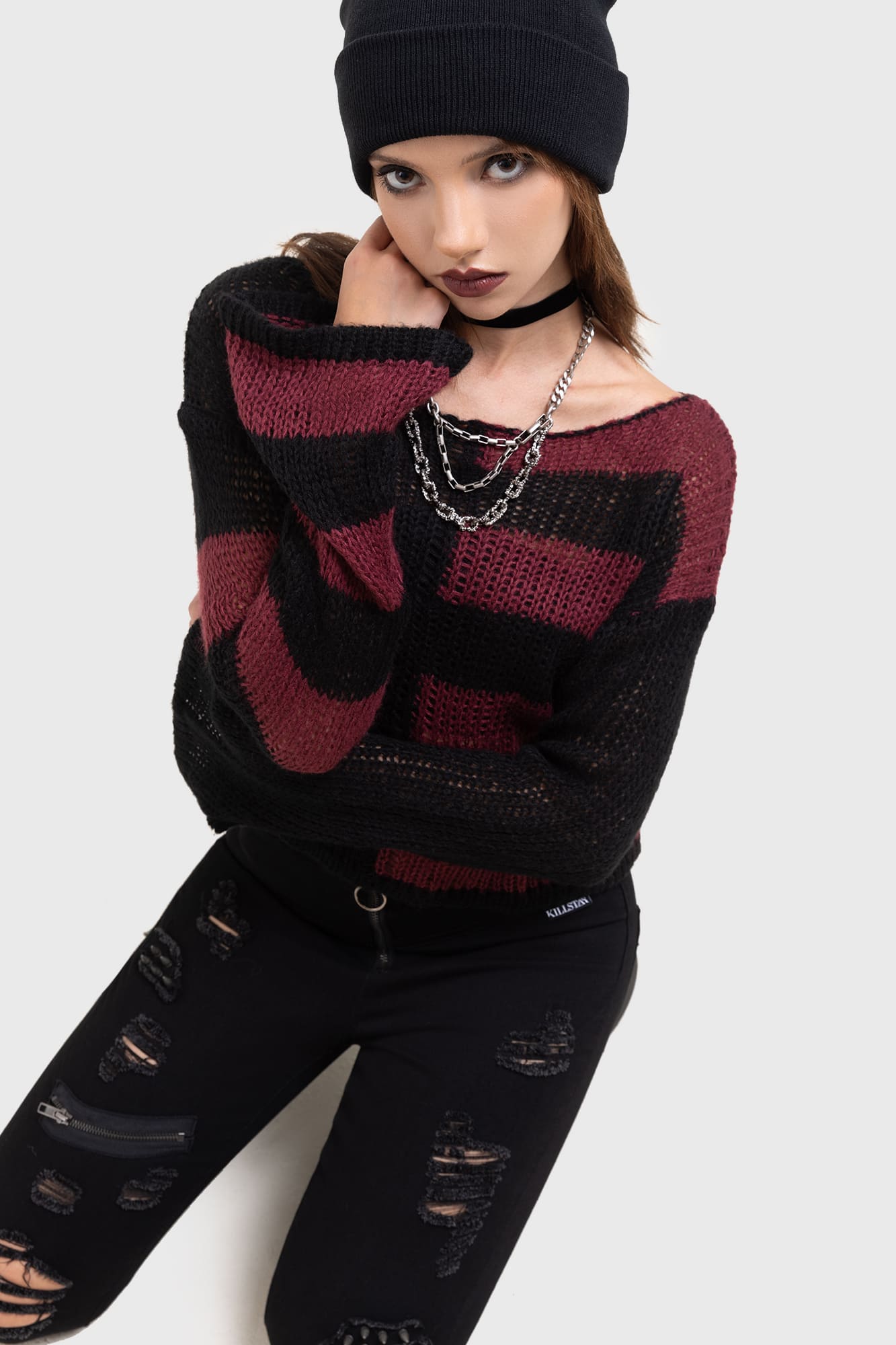 Killstar Anshee Striped Cropped Sweater with Flared Sleeves