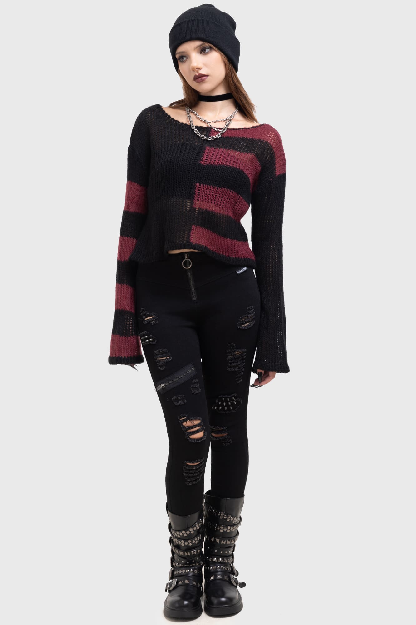 Killstar Anshee Striped Cropped Sweater with Flared Sleeves