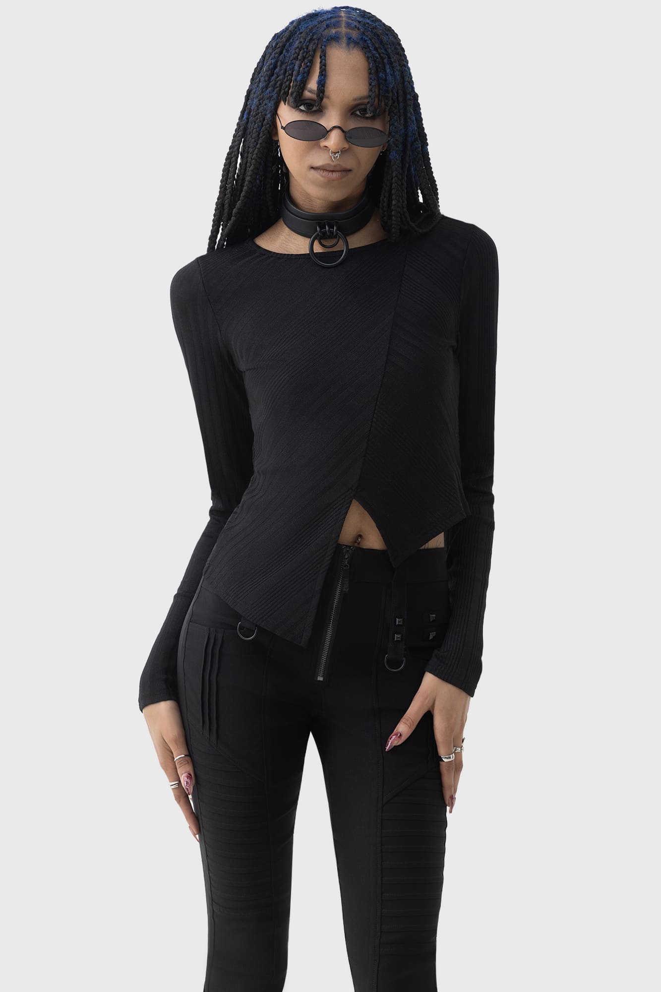 KIHILIST Ribbed Stretch Asymmetric Hem Top
