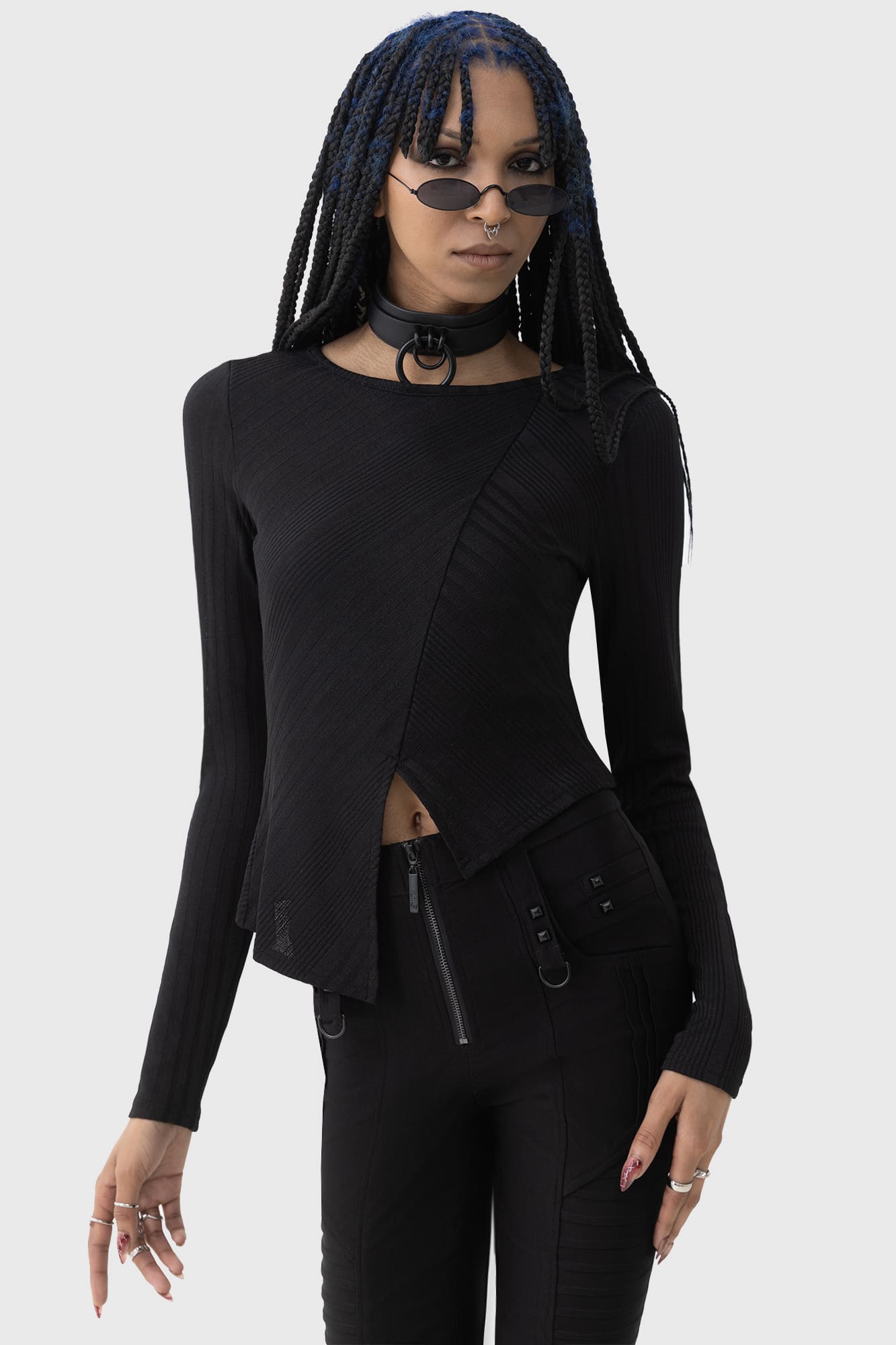 KIHILIST Ribbed Stretch Asymmetric Hem Top