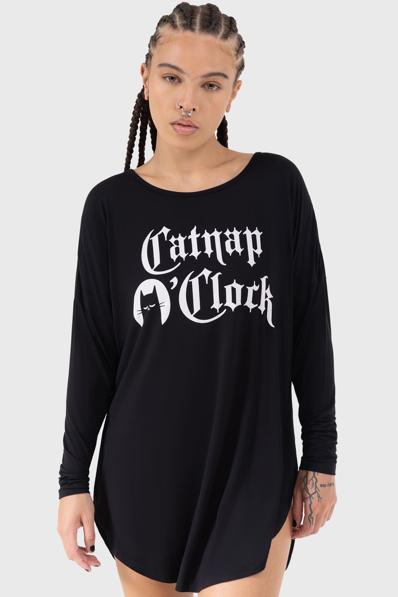 Killstar Catnap Lounge Dress - Soft Stretch Graphic Long Sleeve