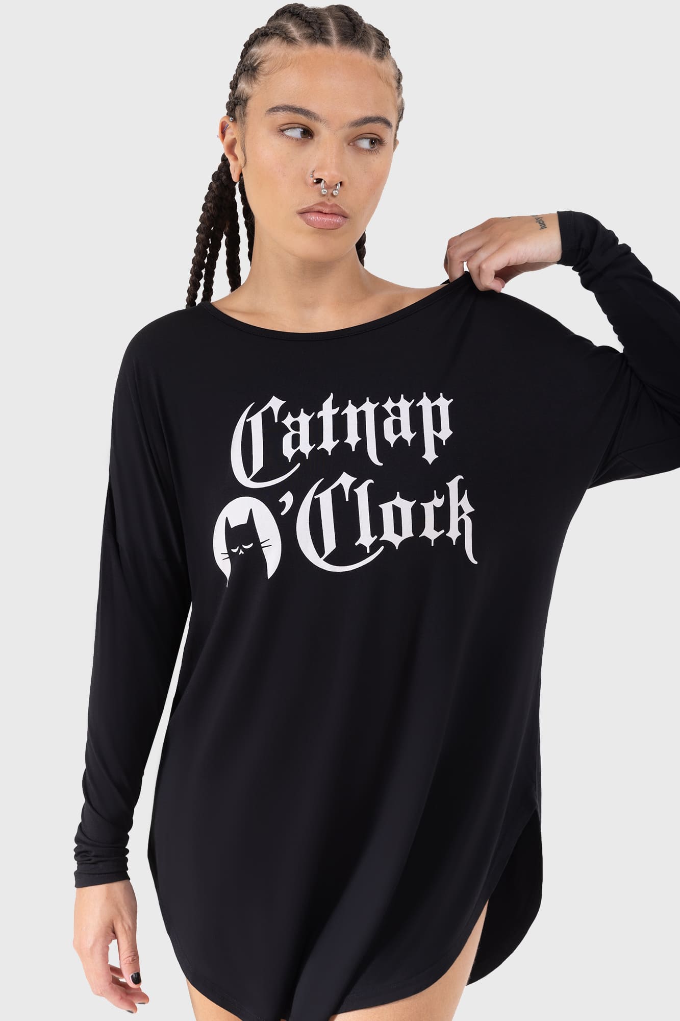 Killstar Catnap Lounge Dress - Soft Stretch Graphic Long Sleeve