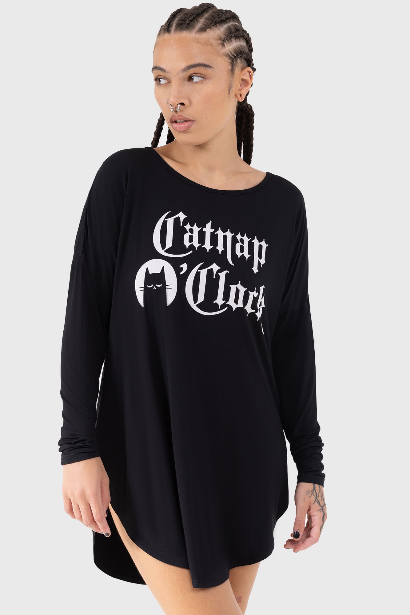 Killstar Catnap Lounge Dress - Soft Stretch Graphic Long Sleeve
