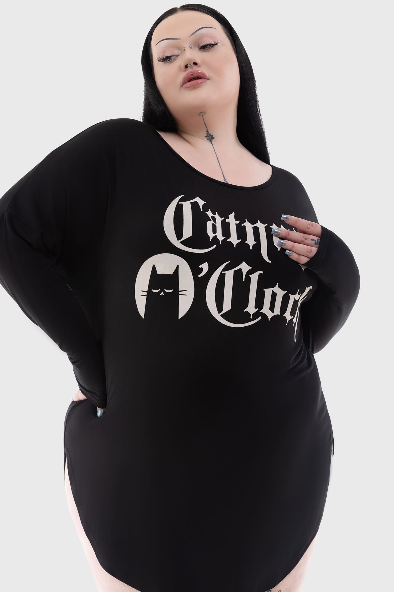 Killstar Catnap Lounge Dress - Soft Stretch Graphic Long Sleeve
