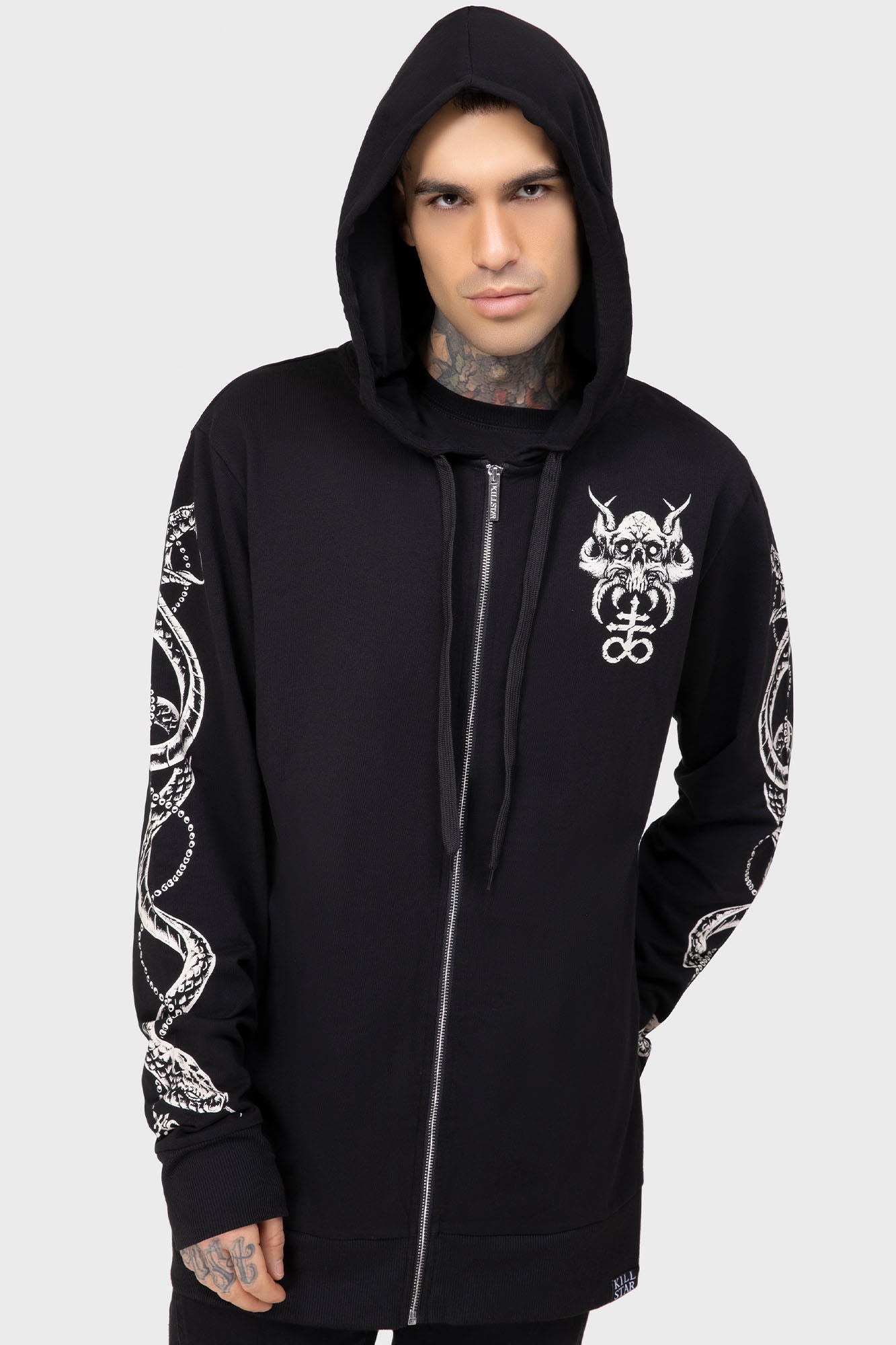 Killstar Anders Zip-Up Hoodie - Unisex Longline Cotton Jersey
