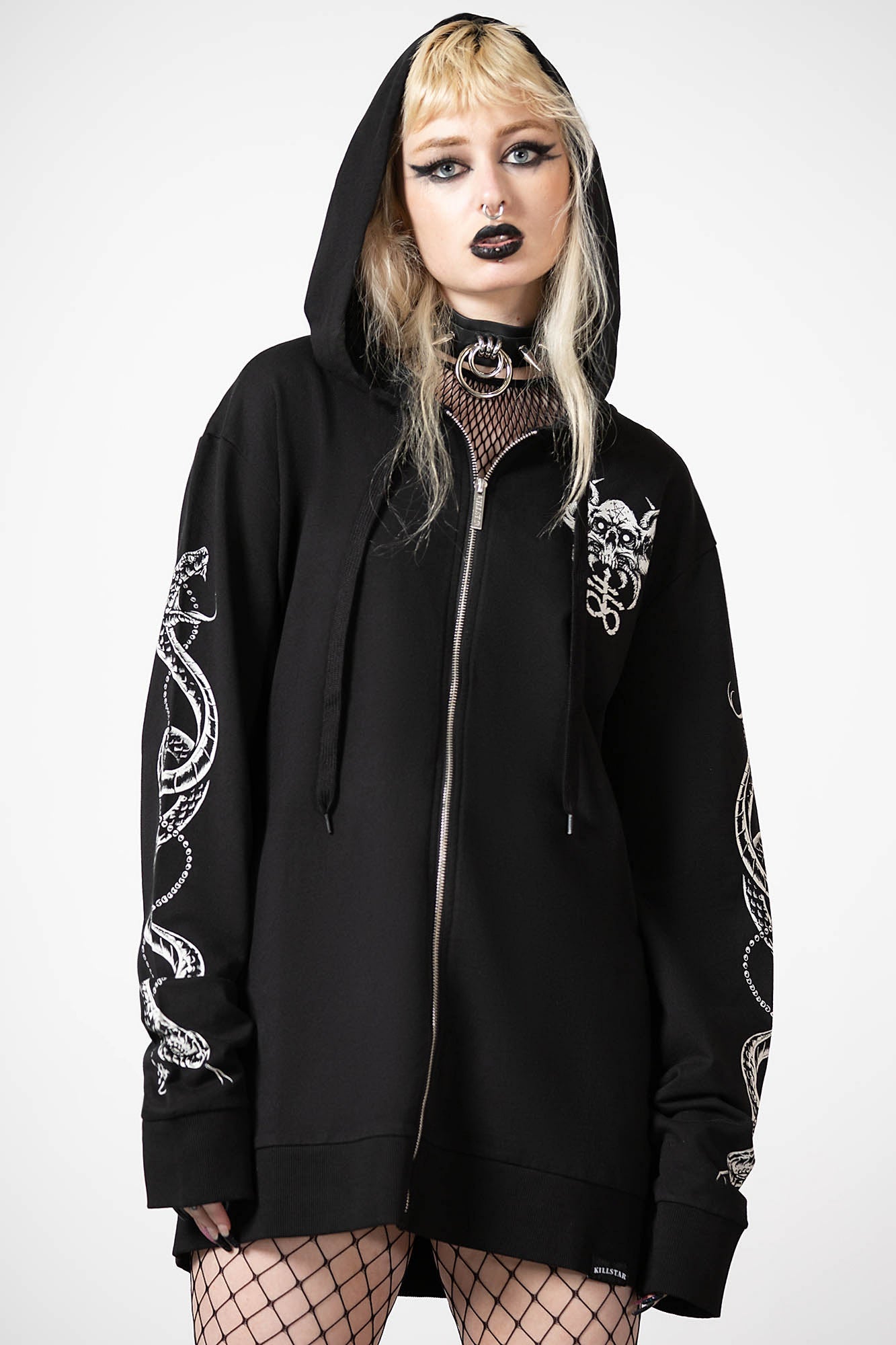 Killstar Anders Zip-Up Hoodie - Unisex Longline Cotton Jersey