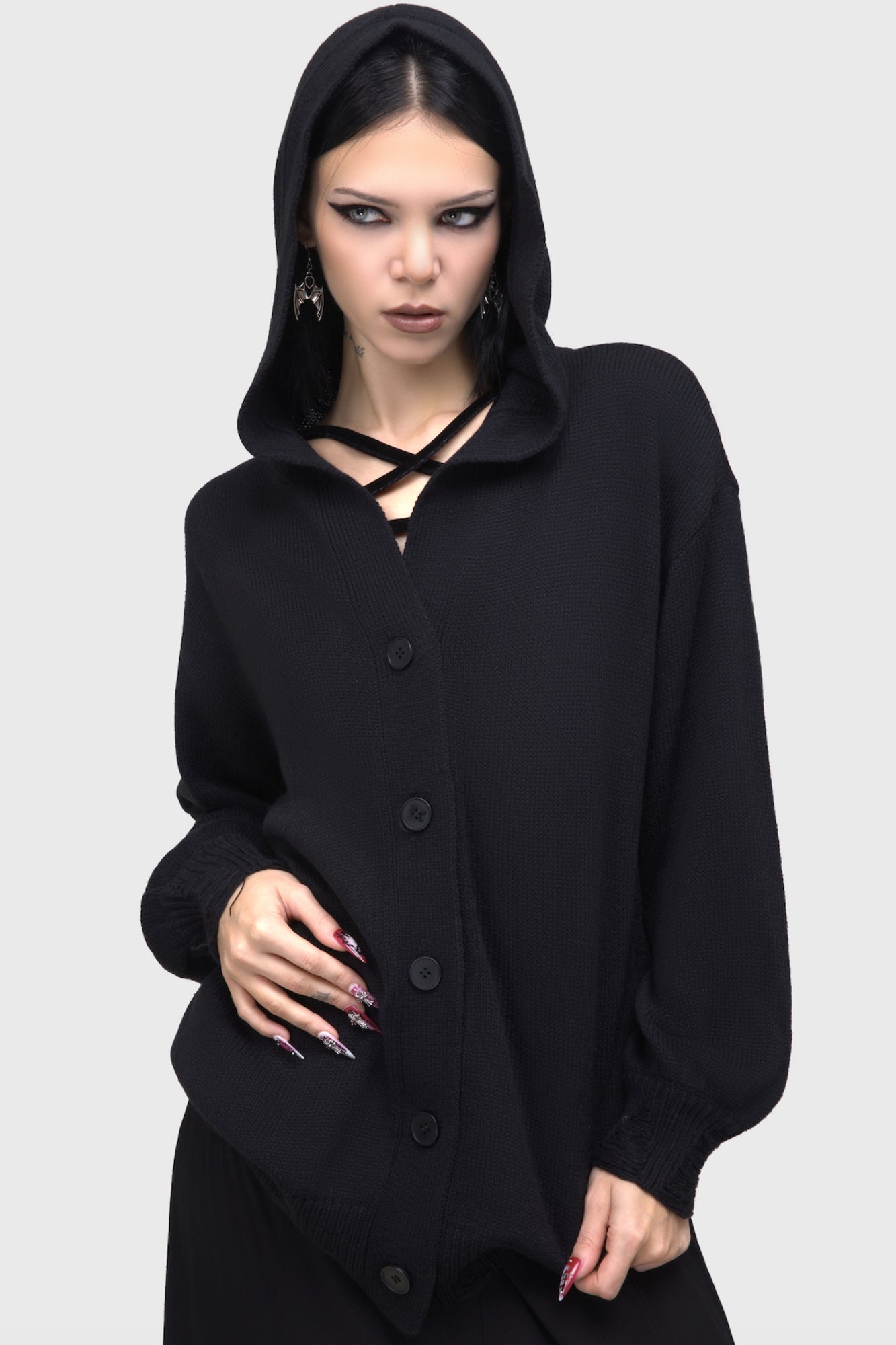 Killstar Darkmoor Academy Hooded Cardigan - Distressed Oversized Knit