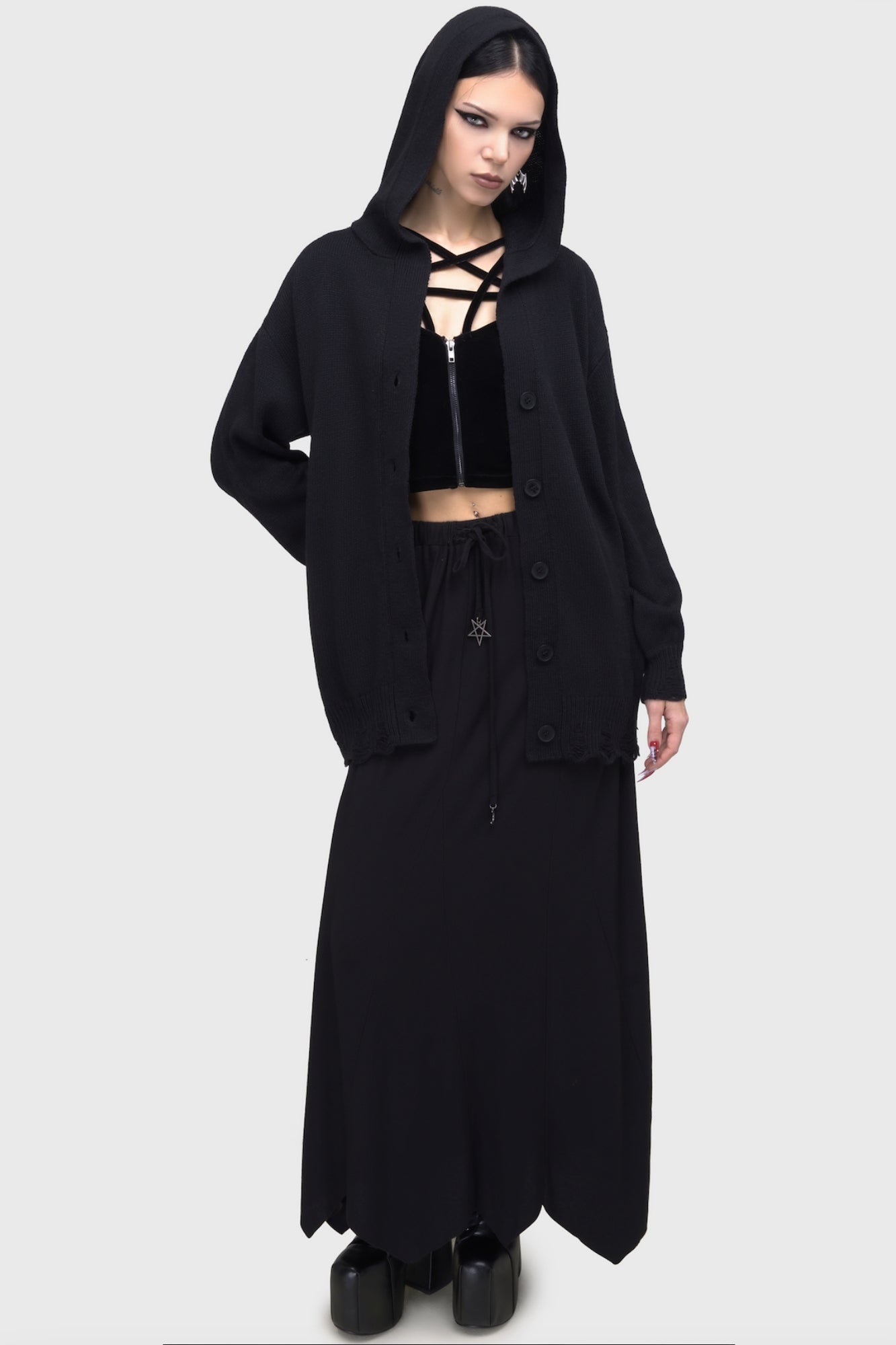 Killstar Darkmoor Academy Hooded Cardigan - Distressed Oversized Knit