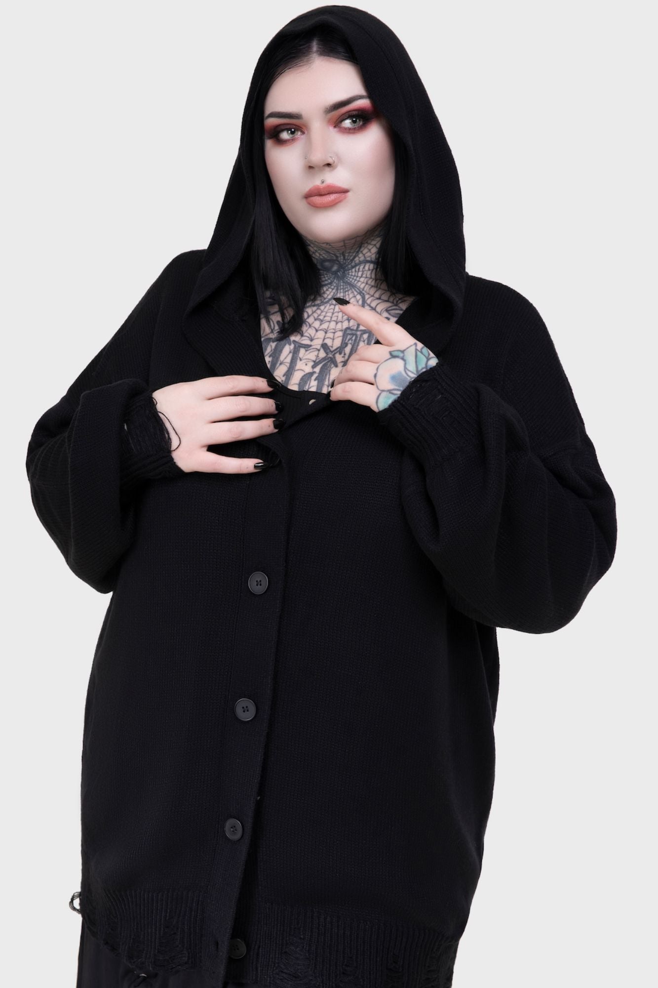 Killstar Darkmoor Academy Hooded Cardigan - Distressed Oversized Knit