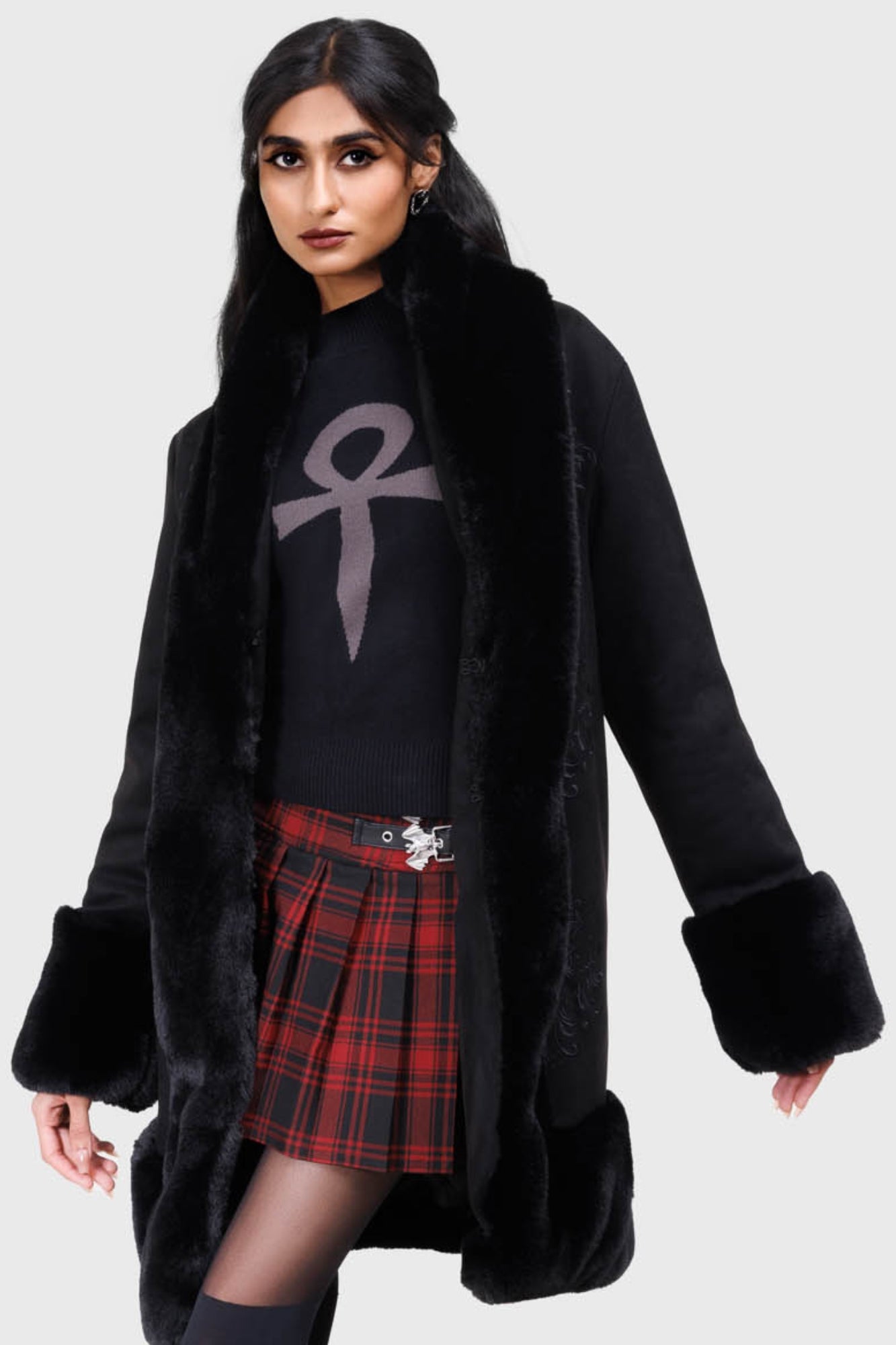 Killstar Bloodthorn Coat - Faux Fur Trim, Quilted Lining, Relaxed Fit
