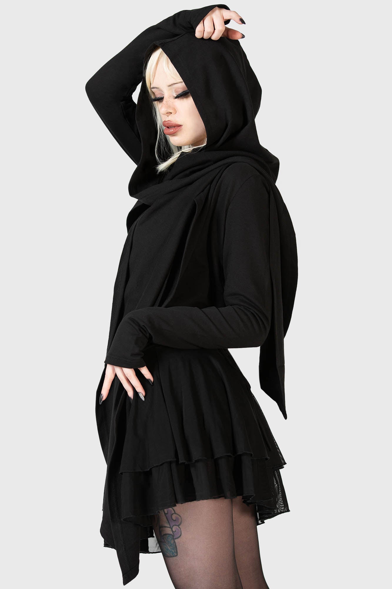 Killstar Fallen Lilith Crop Hoodie - Soft Cotton, Thumbholes, Asymmetric Hem