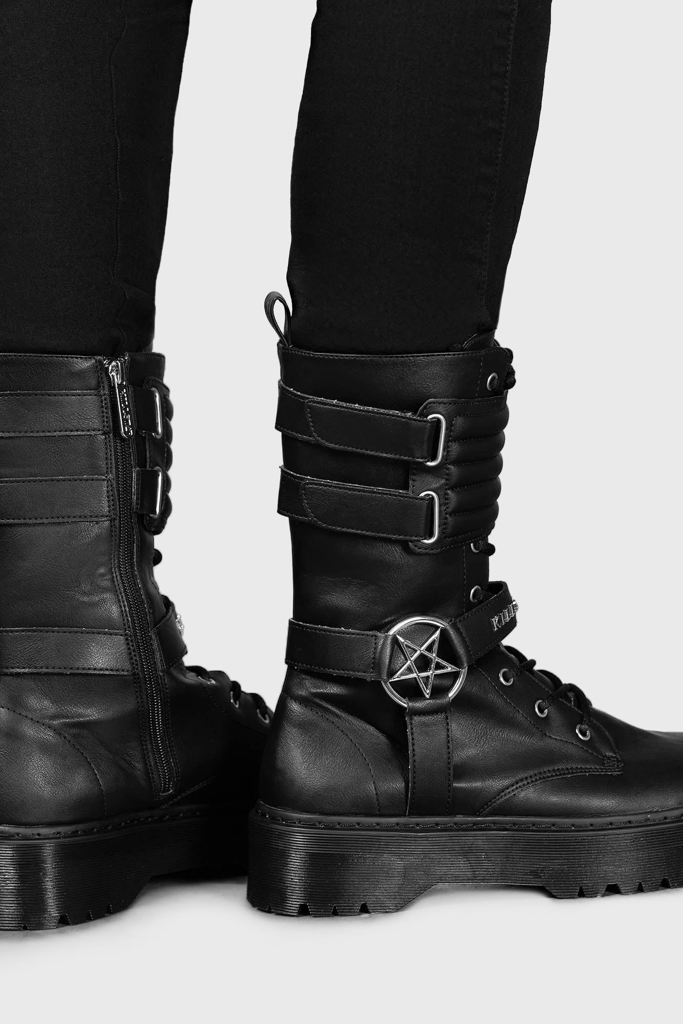 Killstar Corrosion Faux Leather Boots with Pentagram Hardware