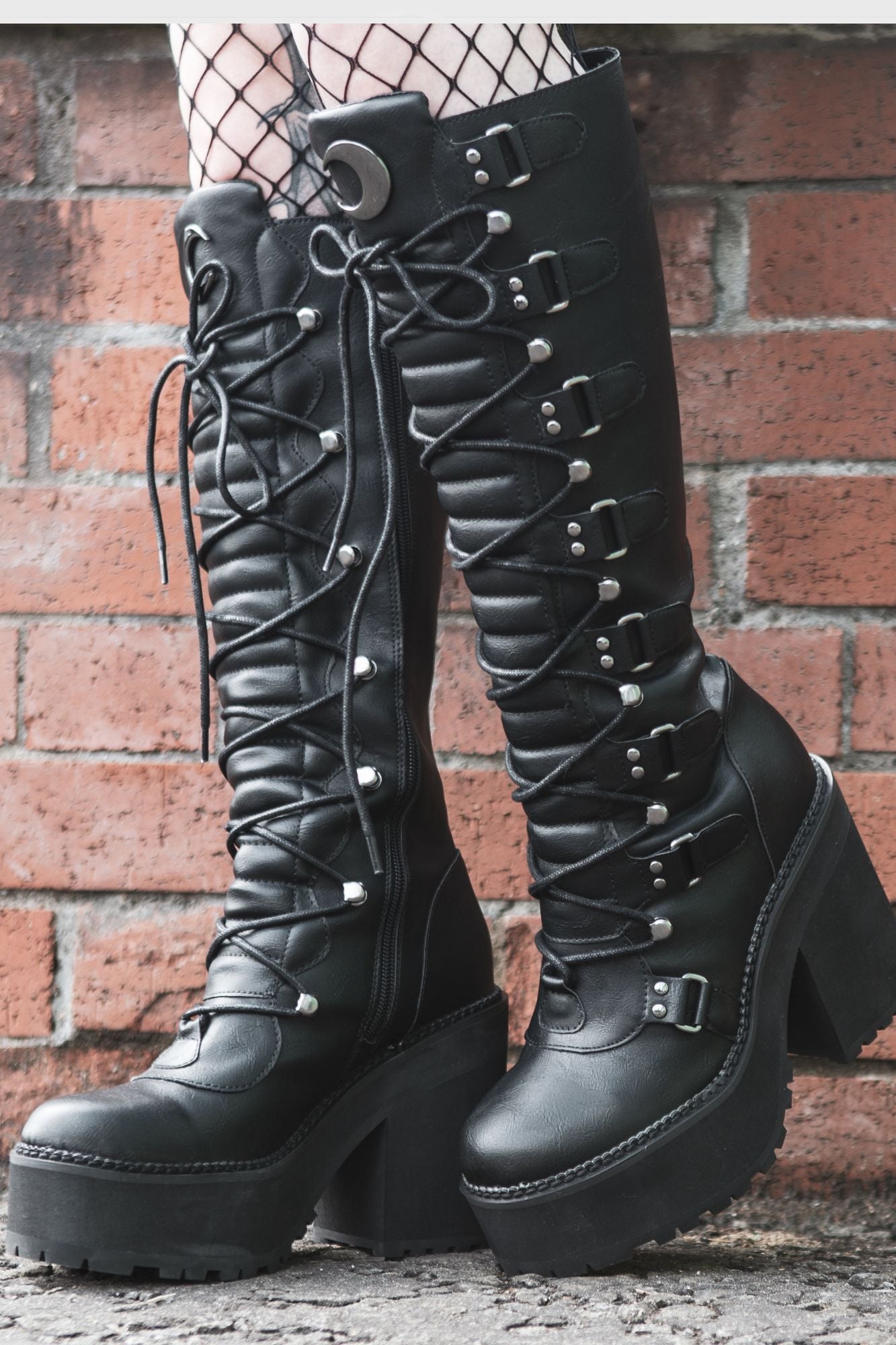 Killstar Selene Platform Boots - Faux Leather & Moon Hardware